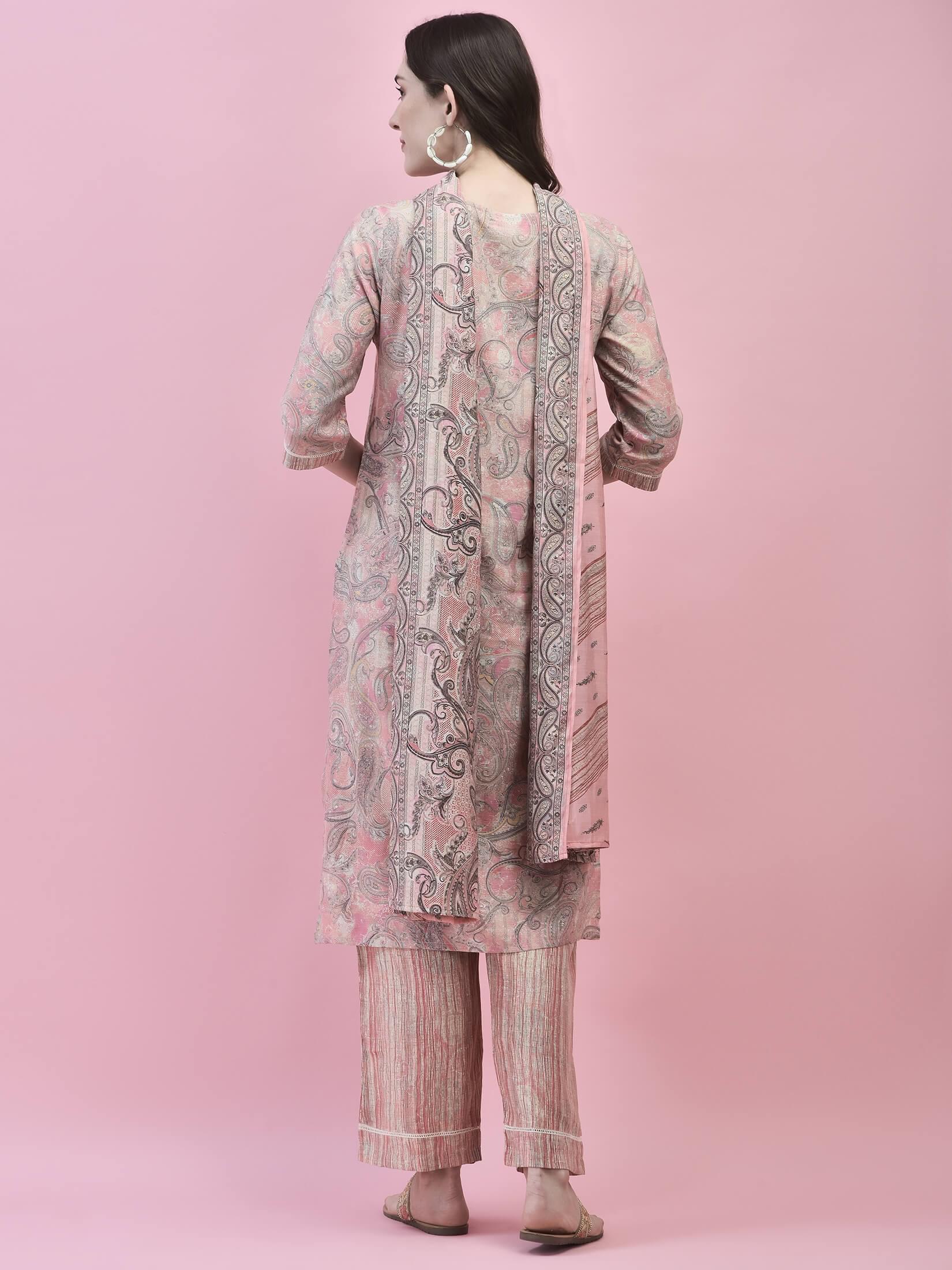 Women Poly Viscose Pink Paisley Kurta Comfort Pant Dupatta.