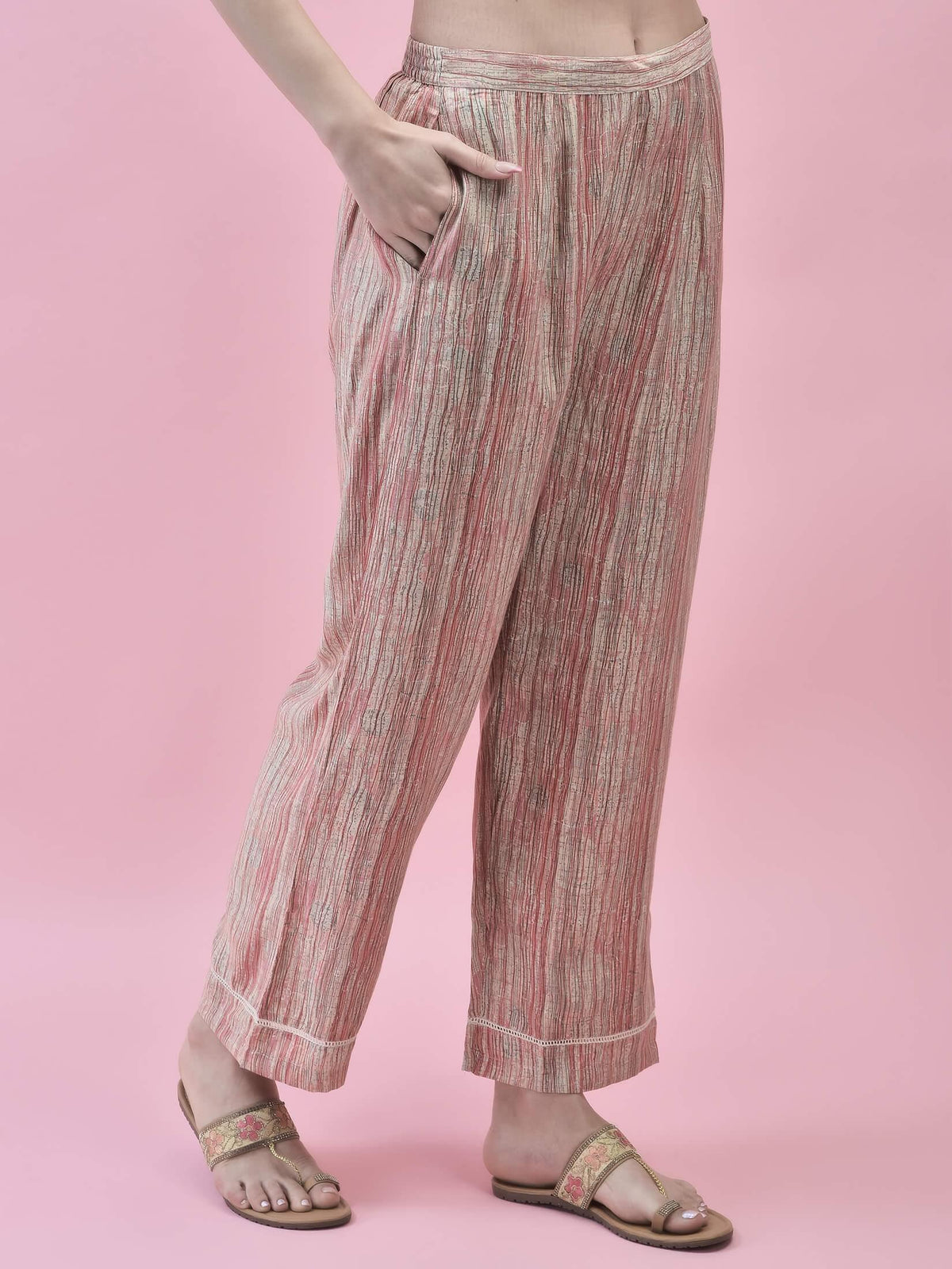 Women Poly Viscose Pink Paisley Kurta Comfort Pant Dupatta.