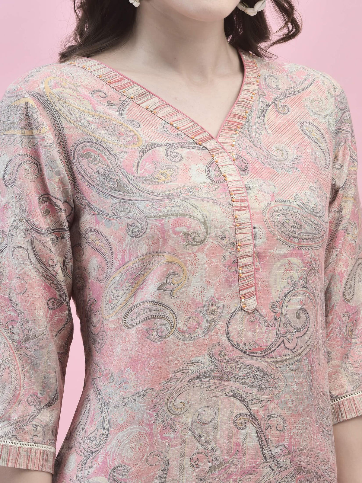 Women Poly Viscose Pink Paisley Kurta Comfort Pant Dupatta.