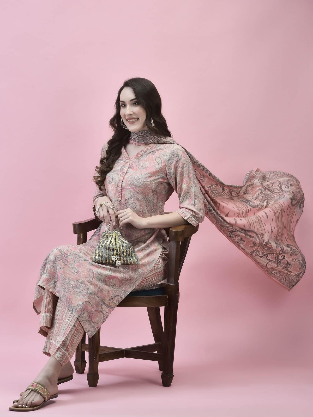 Women Poly Viscose Pink Paisley Kurta Comfort Pant Dupatta.