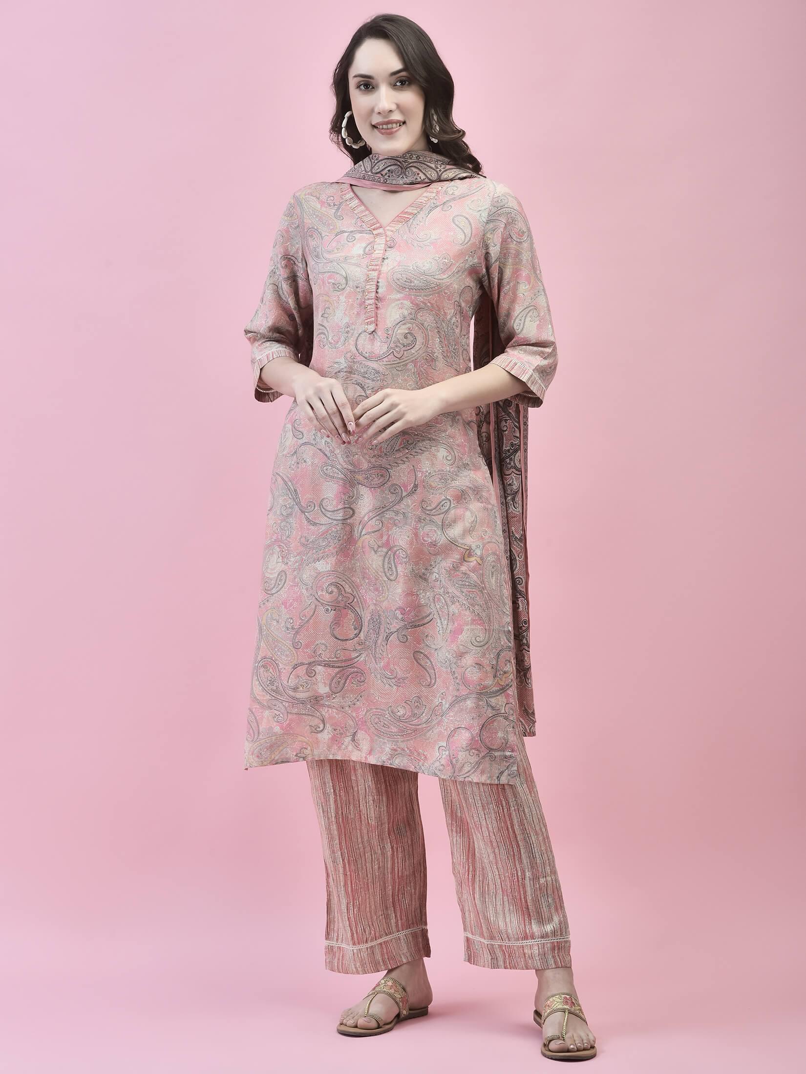 Women Poly Viscose Pink Paisley Kurta Comfort Pant Dupatta.