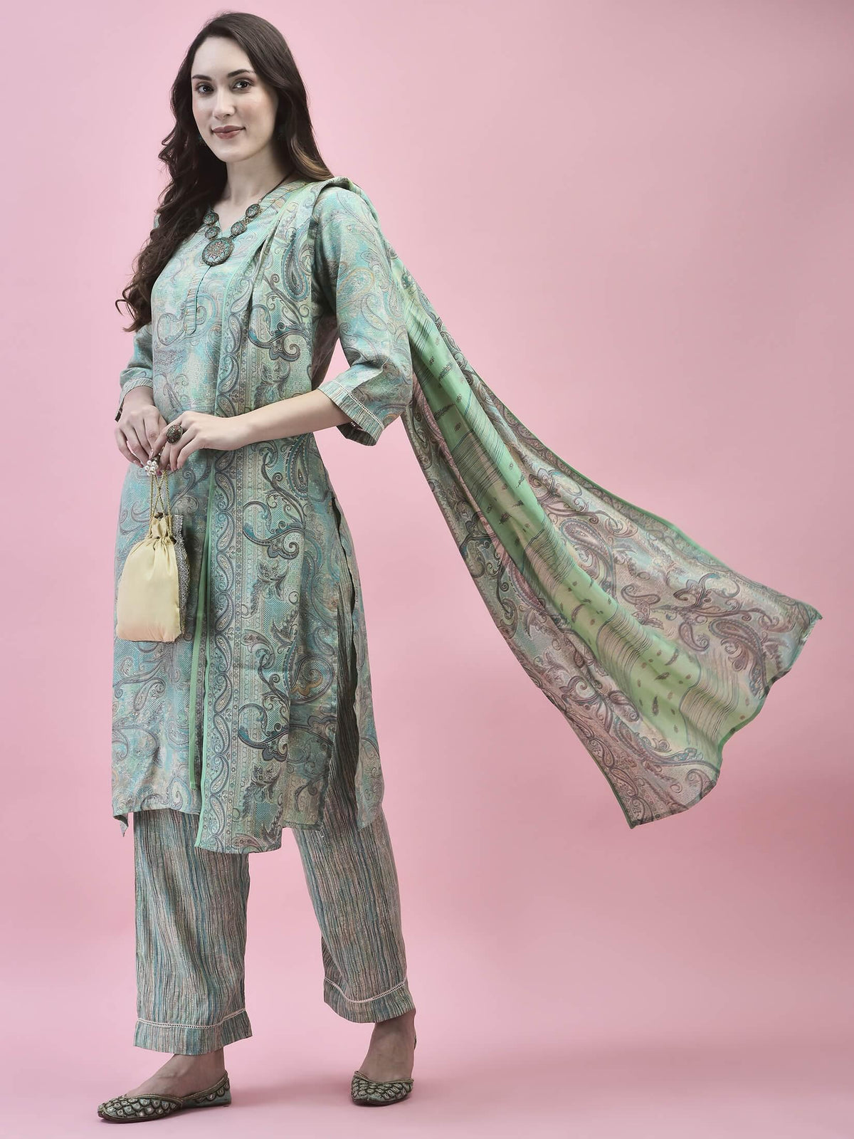 Women Poly Viscose Teal Paisley Kurta Comfort Pant Dupatta.