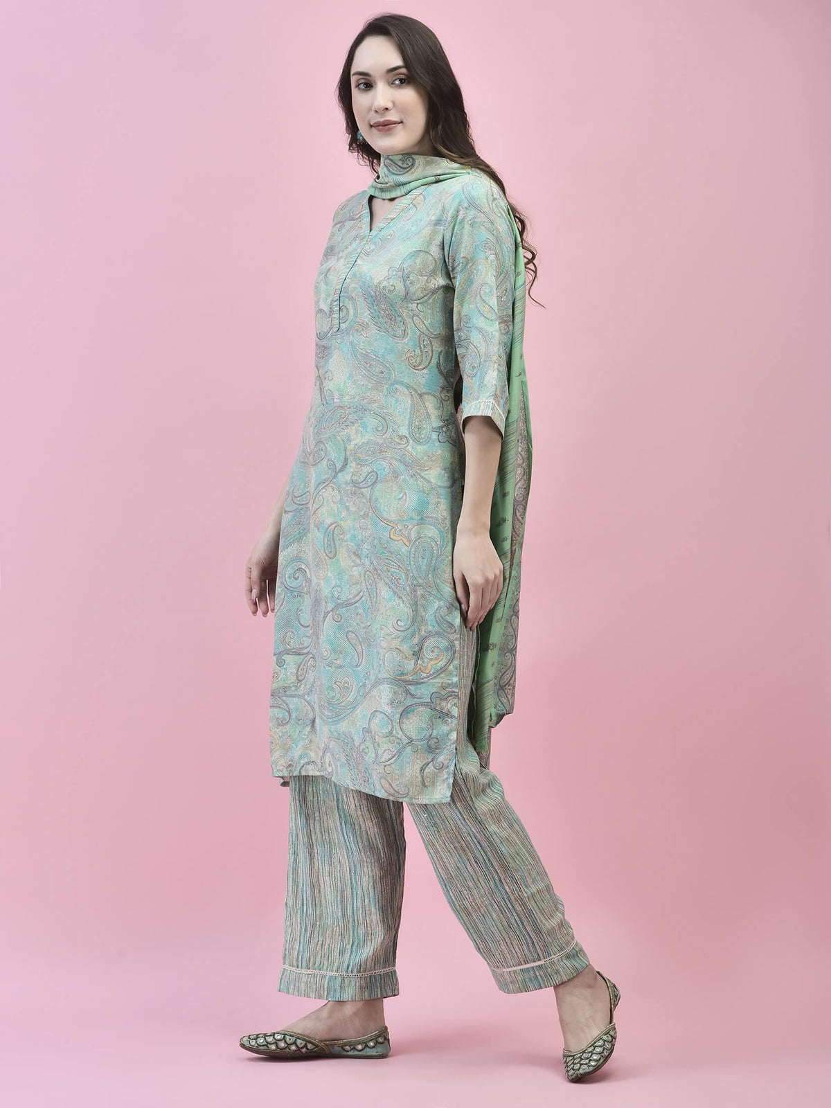 Women Poly Viscose Teal Paisley Kurta Comfort Pant Dupatta.