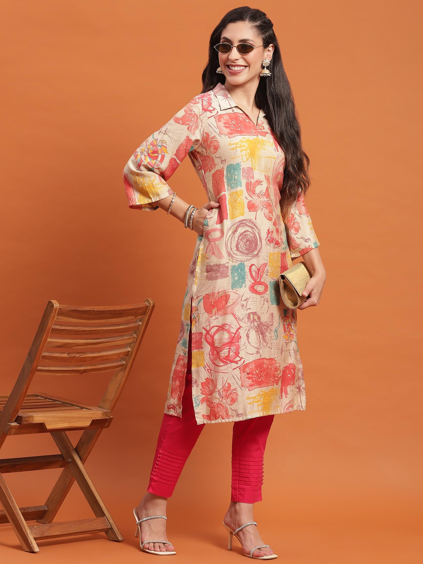 Women Peach Abstract Print Kurta.