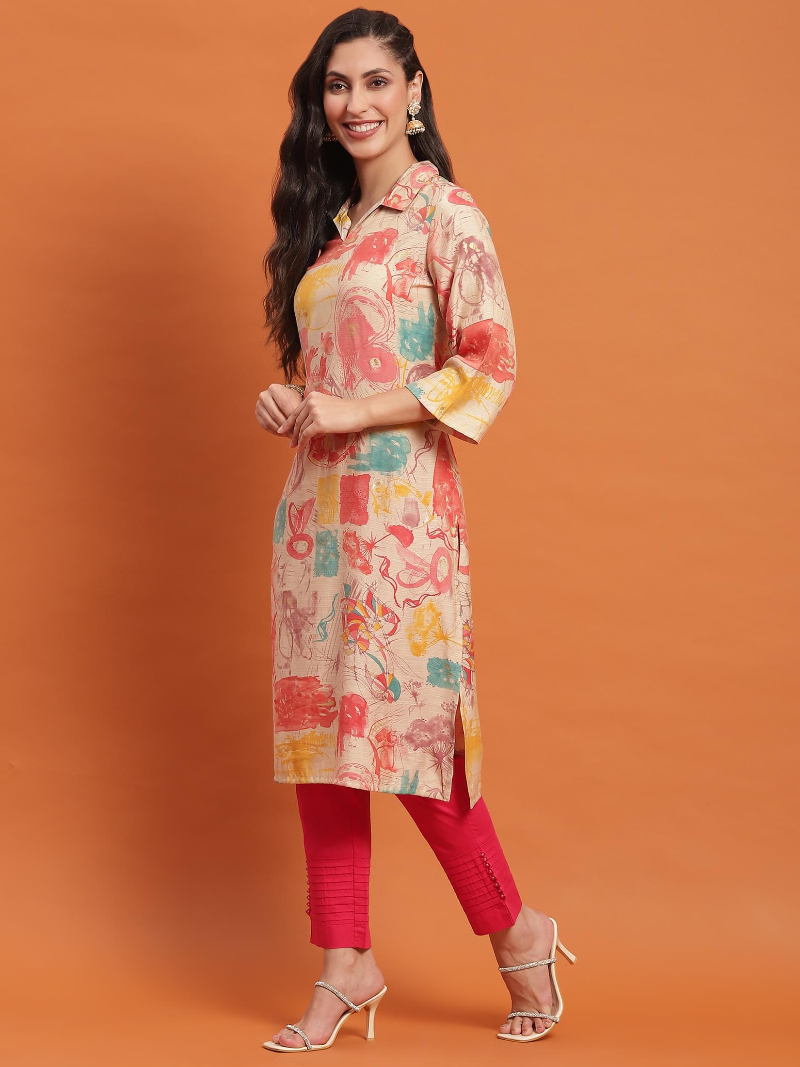 Women Peach Abstract Print Kurta.