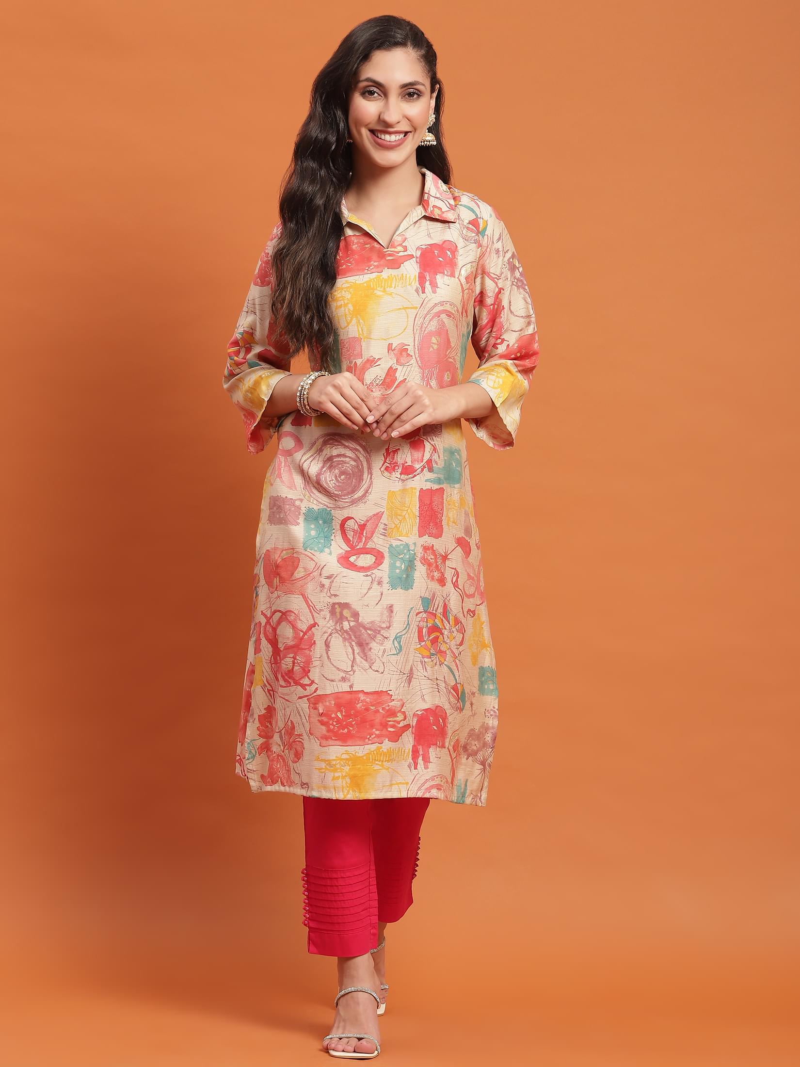 Women Peach Abstract Print Kurta.
