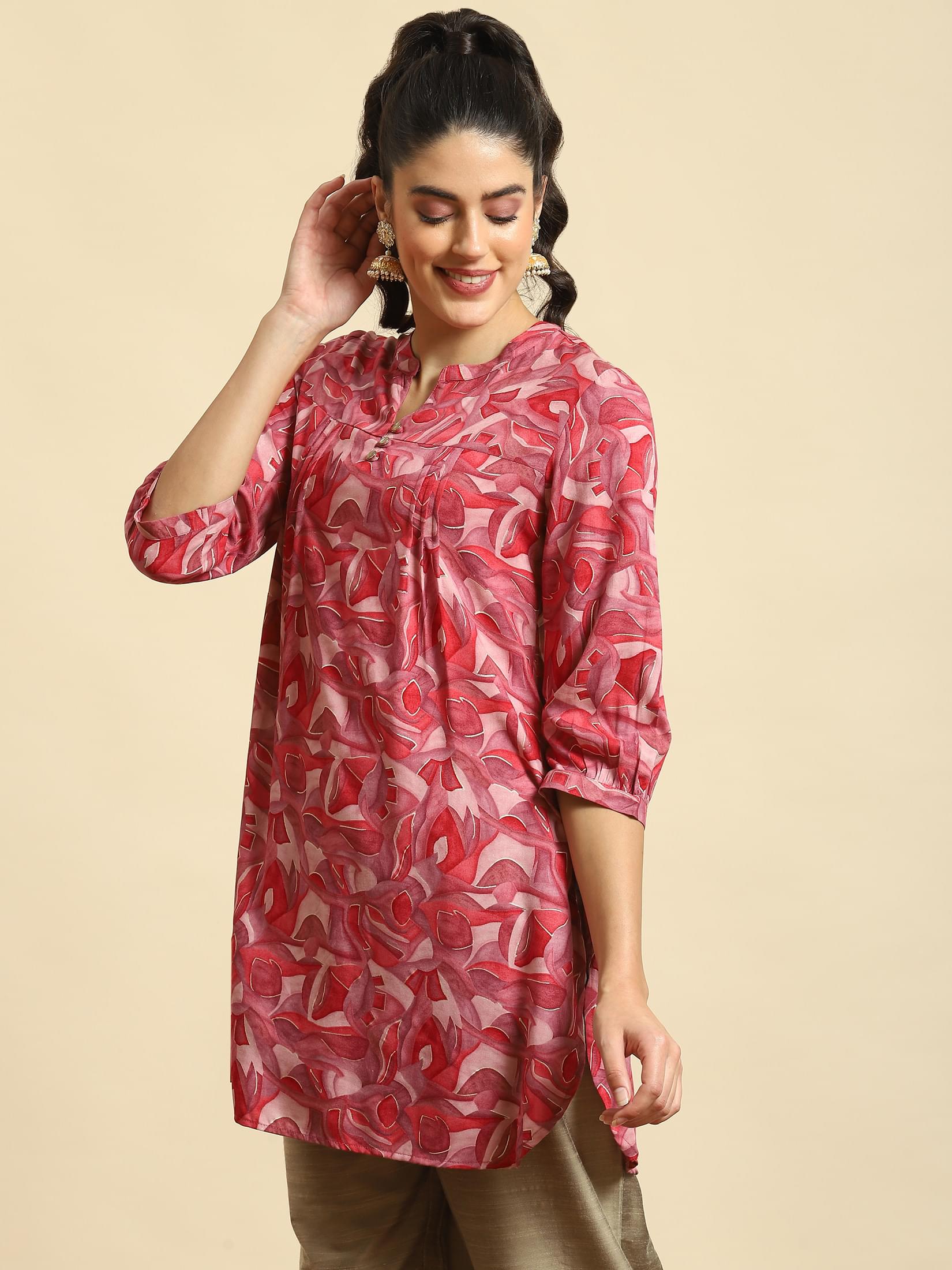 Women Pink Abstract Print Tunic.