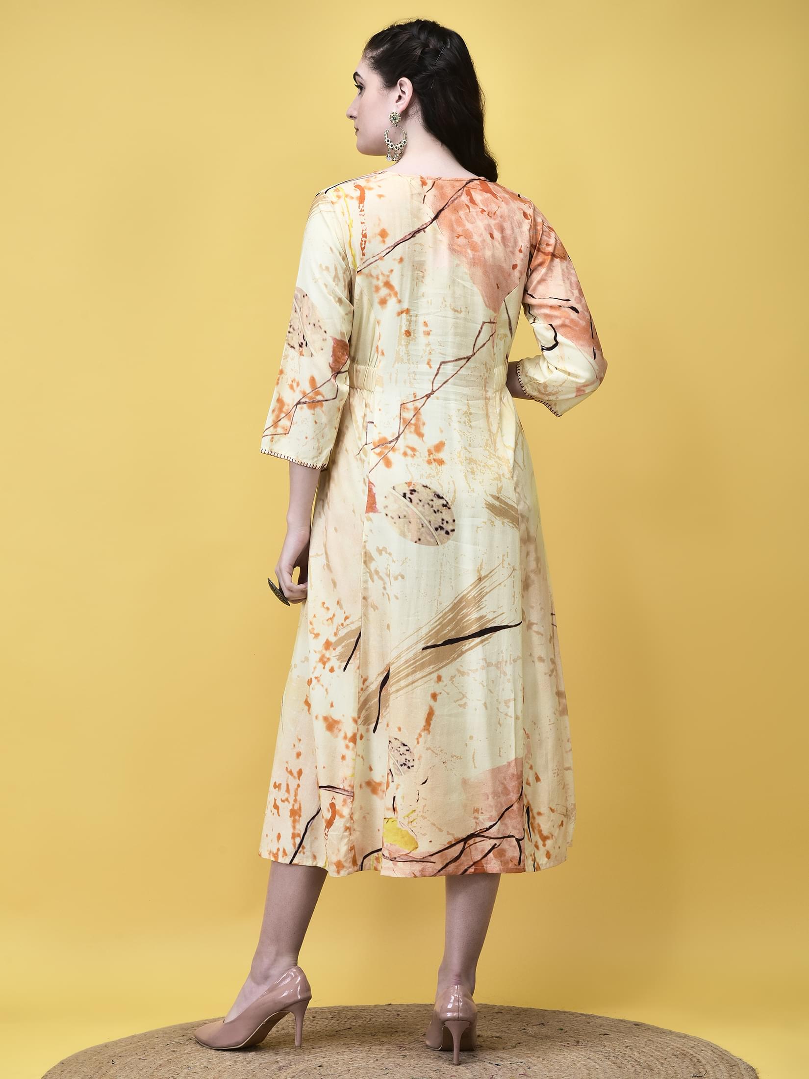 Women Liva Rayon Beige Multicolor Abstract Print Dress.