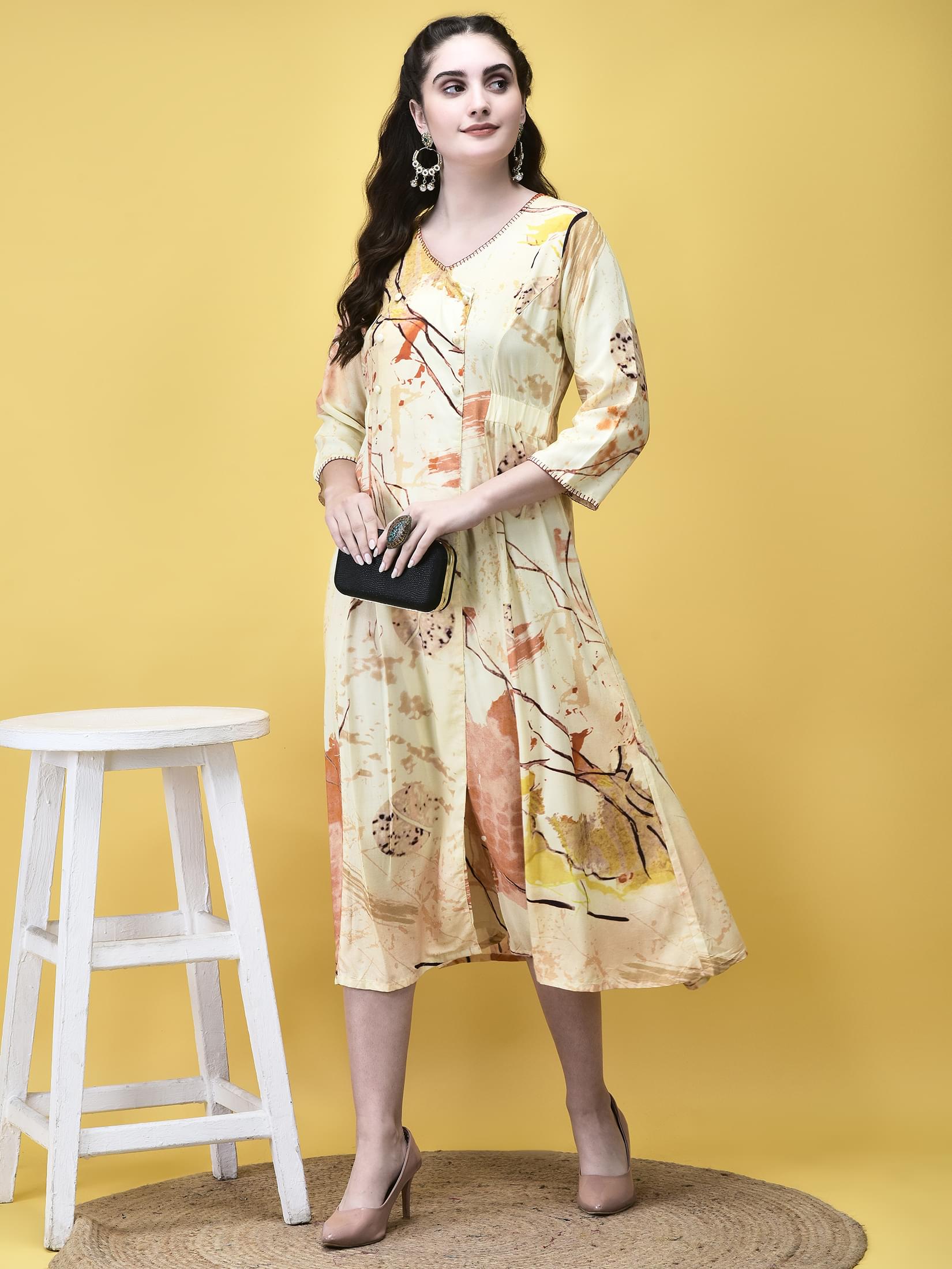Women Liva Rayon Beige Multicolor Abstract Print Dress.