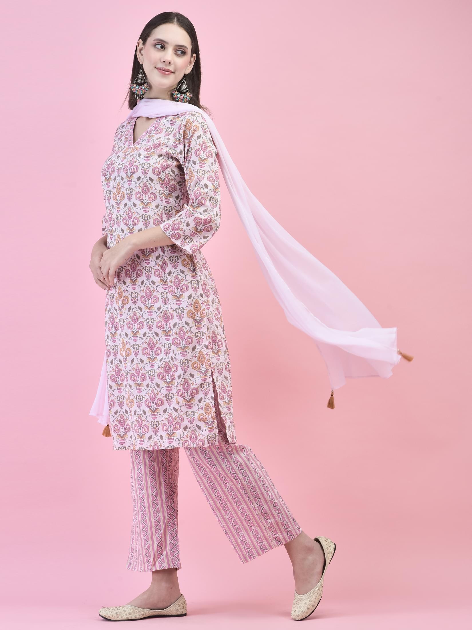 Women Cotton Pink Floral Print Kurta Comfort Pant Dupatta.
