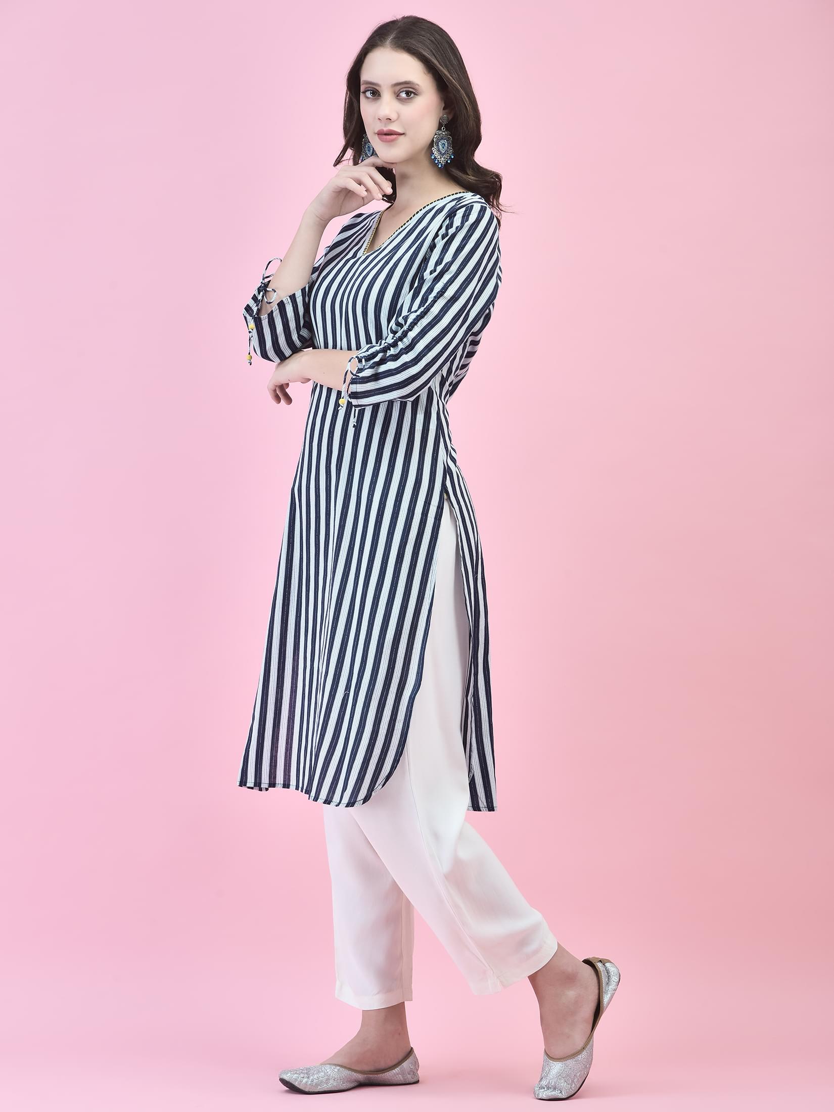 Women Cotton Indigo Stripe Print Kurta.