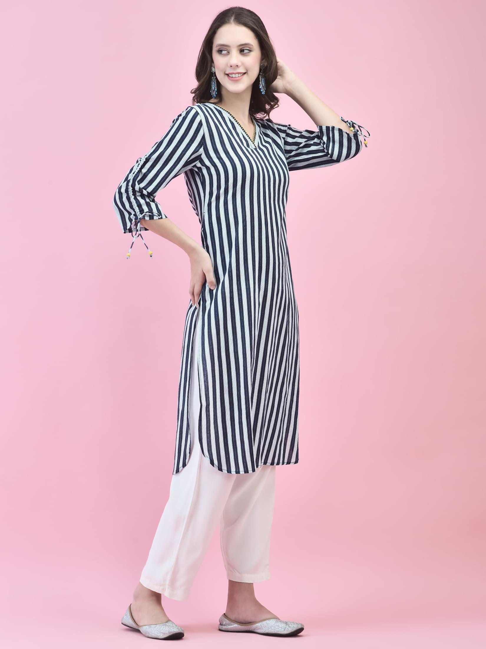 Women Cotton Indigo Stripe Print Kurta.