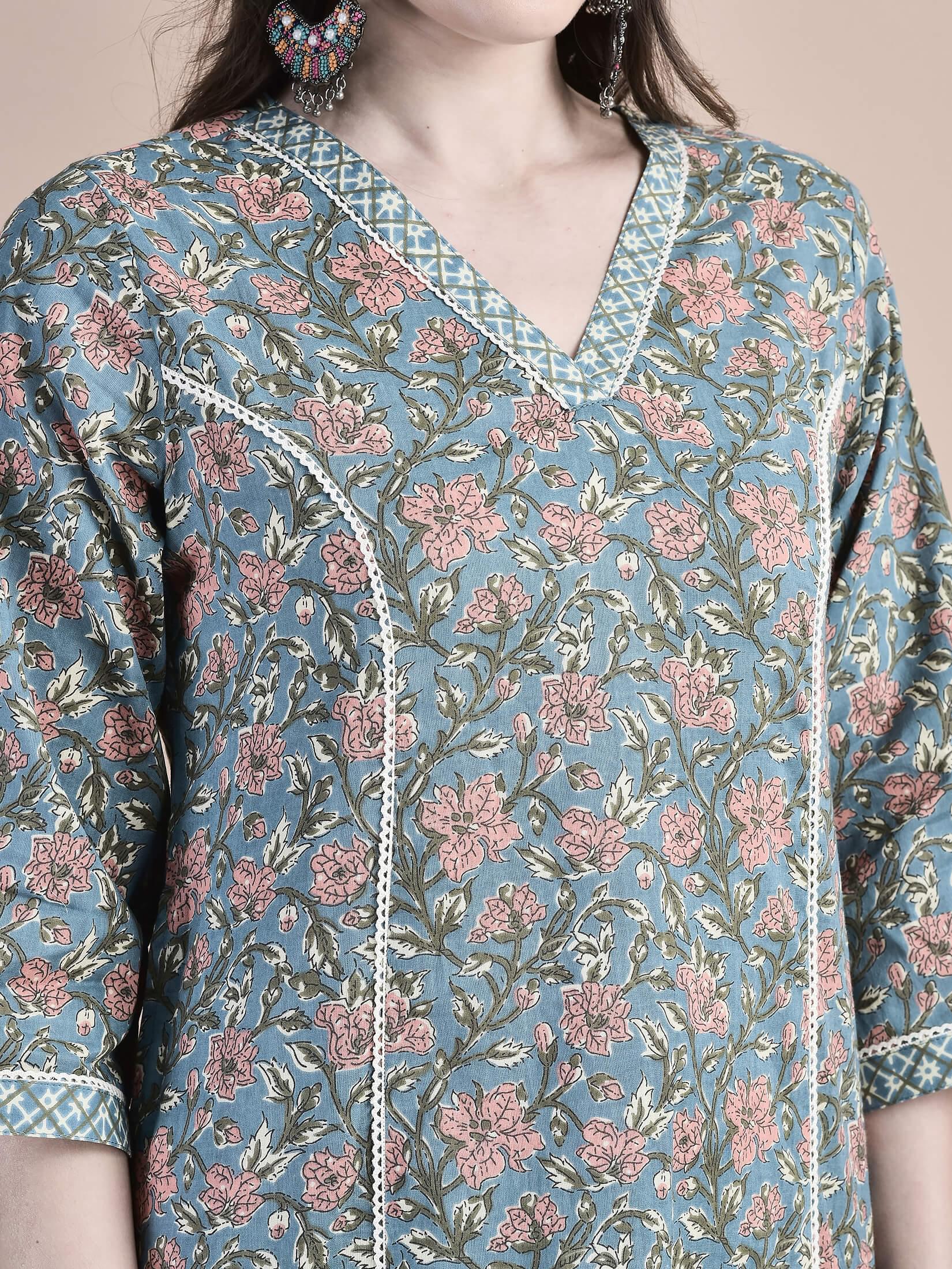 Women Cotton Blue Floral Print Kurta Comfort Pant Dupatta.
