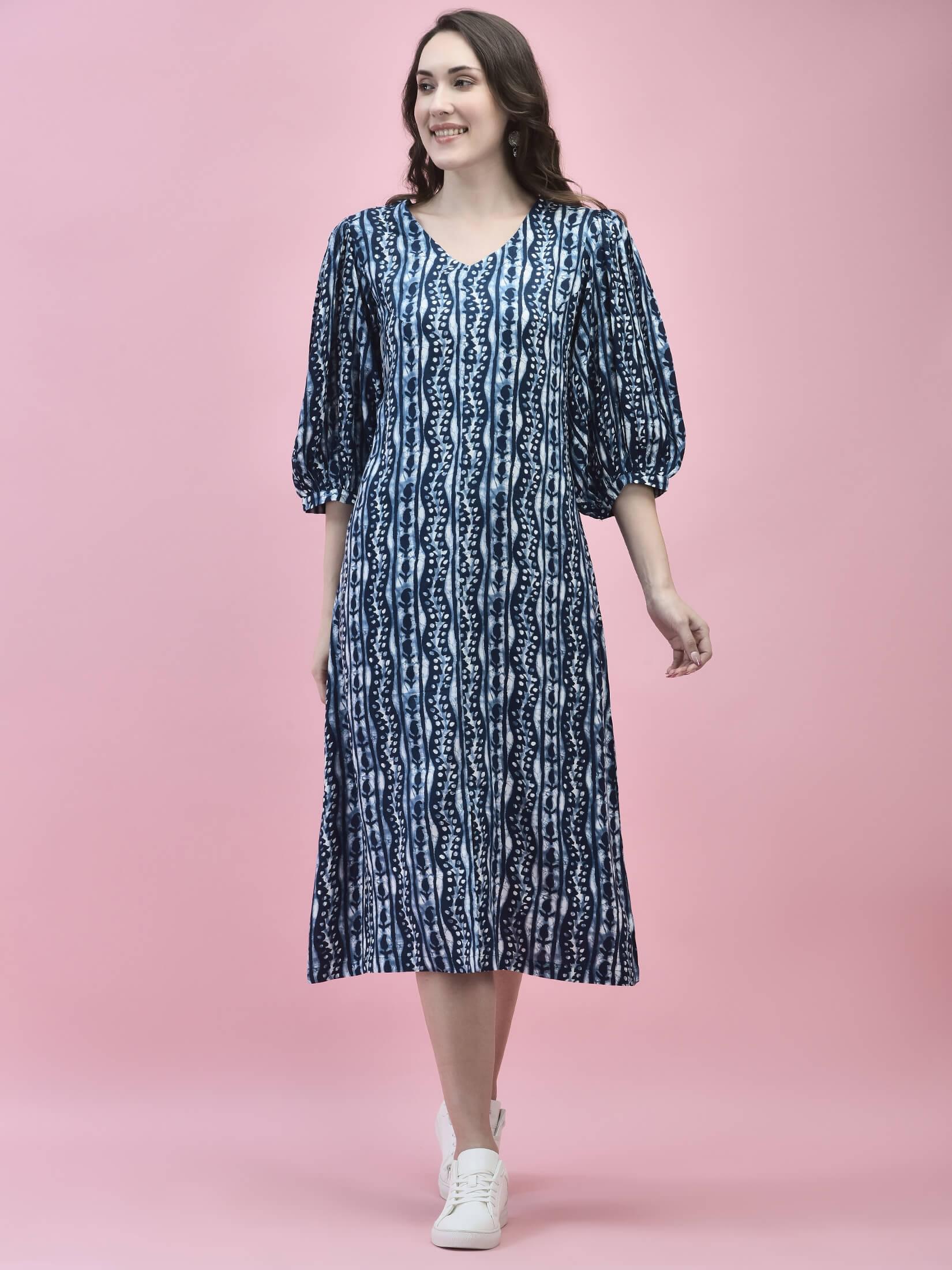 Women Liva Rayon Blue Floral Print Dress.
