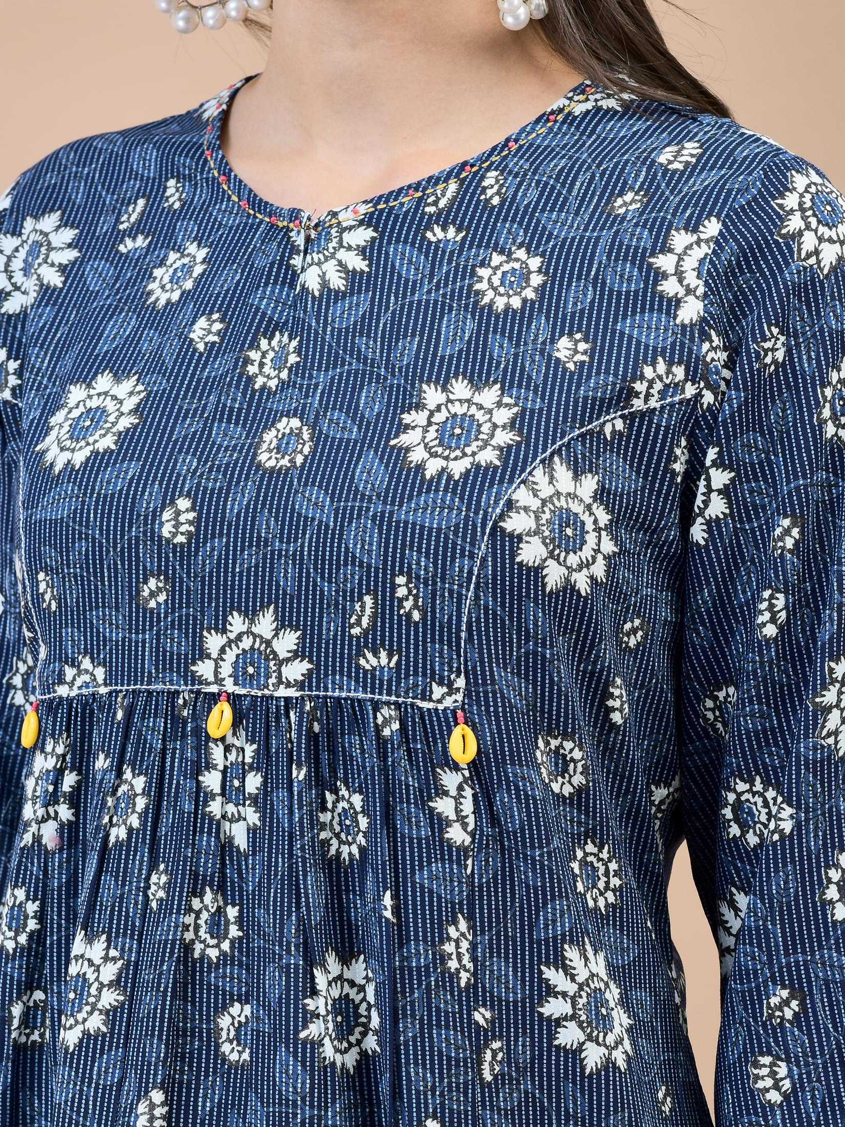 Women Liva (Rayon) Indigo Floral Print Kurta.