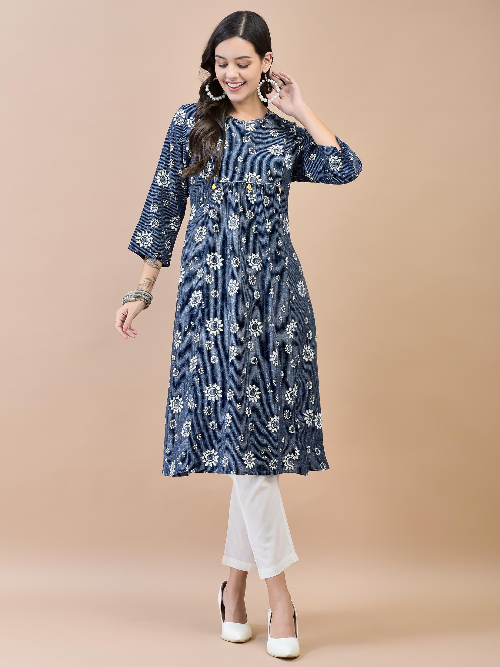 Women Liva (Rayon) Indigo Floral Print Kurta.