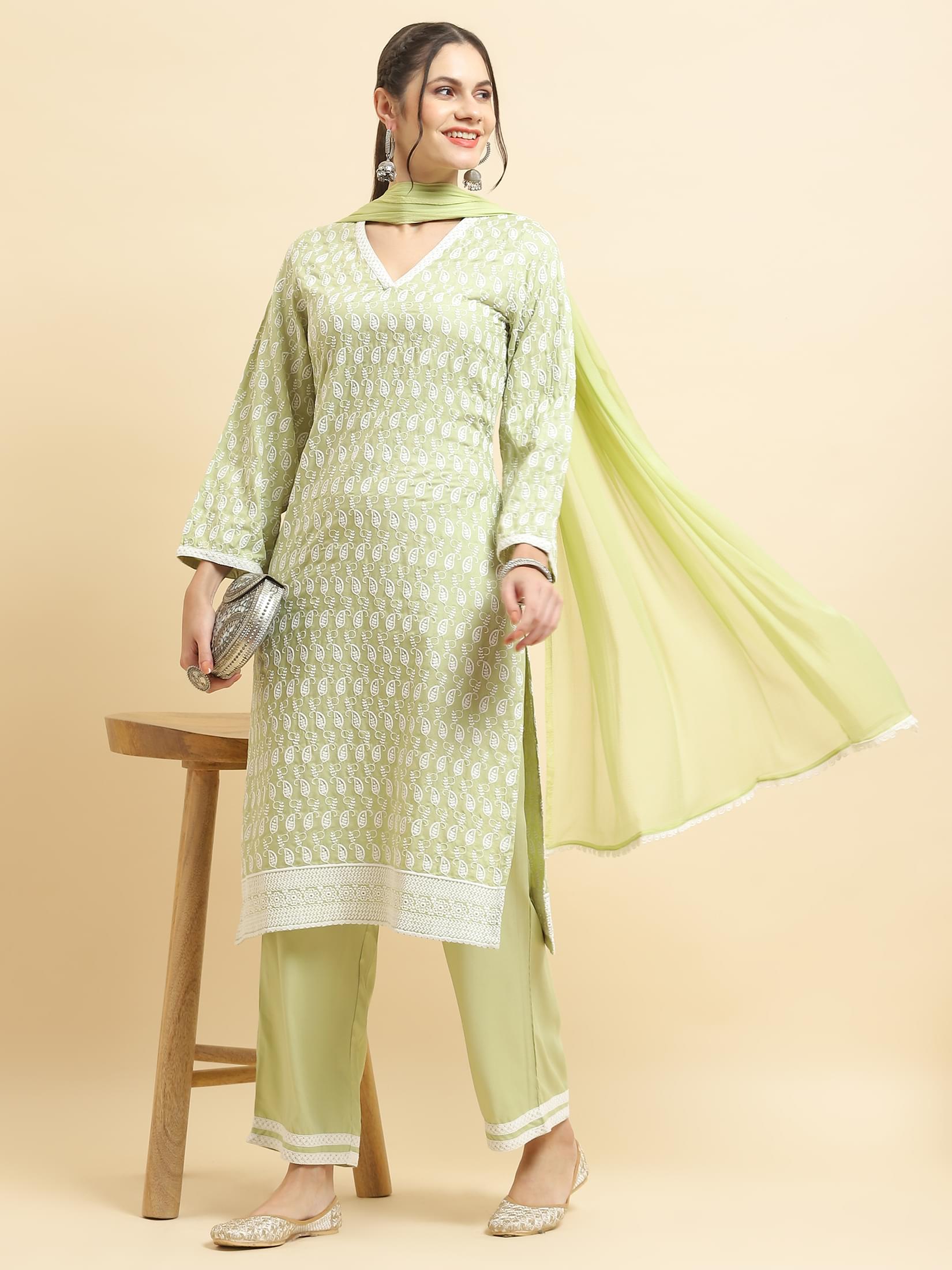 Women Liva Rayon Green Embroidered Kurta Comfort Pant Dupatta.
