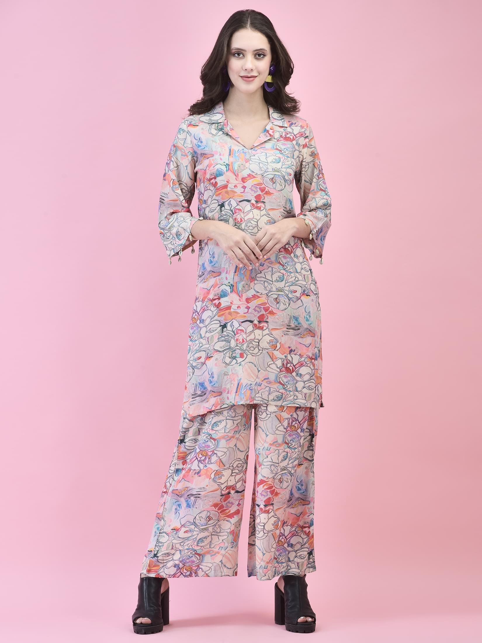 Women Liva (Rayon) Multicolor Abstract Print Co-Ord Set.