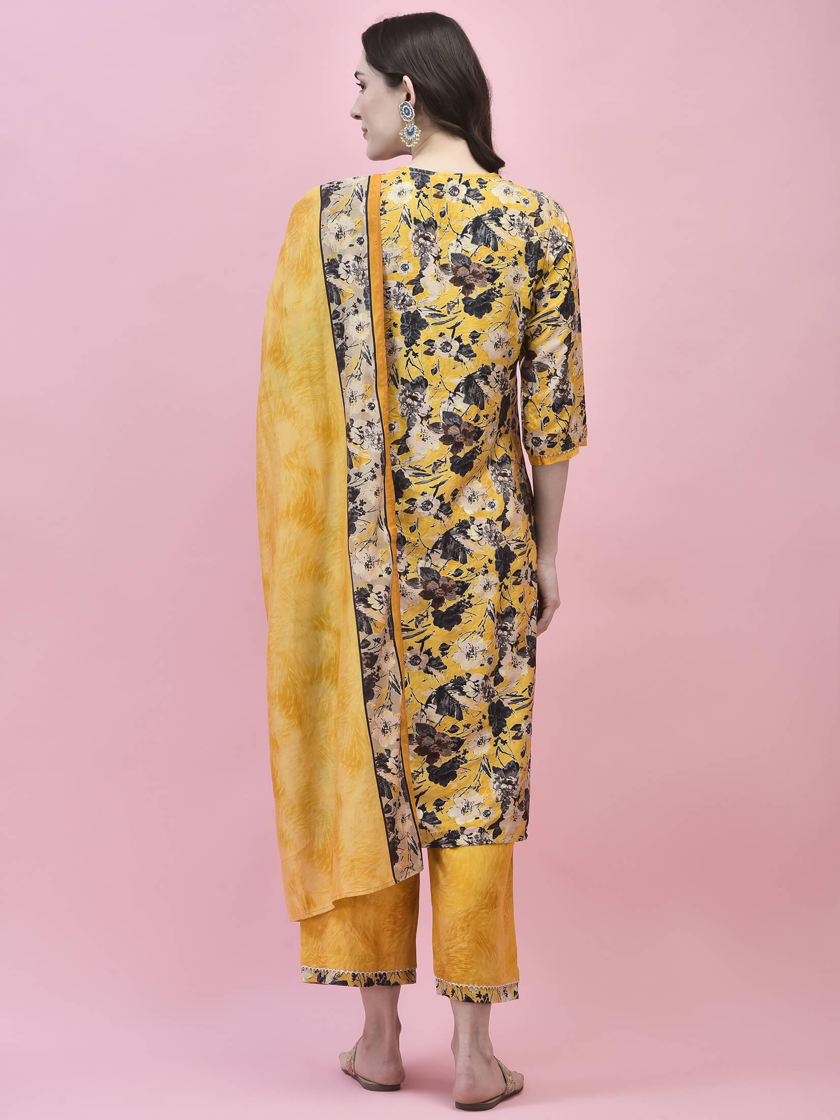 Women Viscose Mustard Floral Print Kurta Comfort Pant Dupatta.
