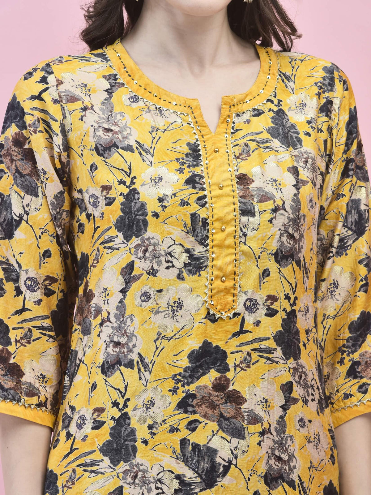 Women Viscose Mustard Floral Print Kurta Comfort Pant Dupatta.