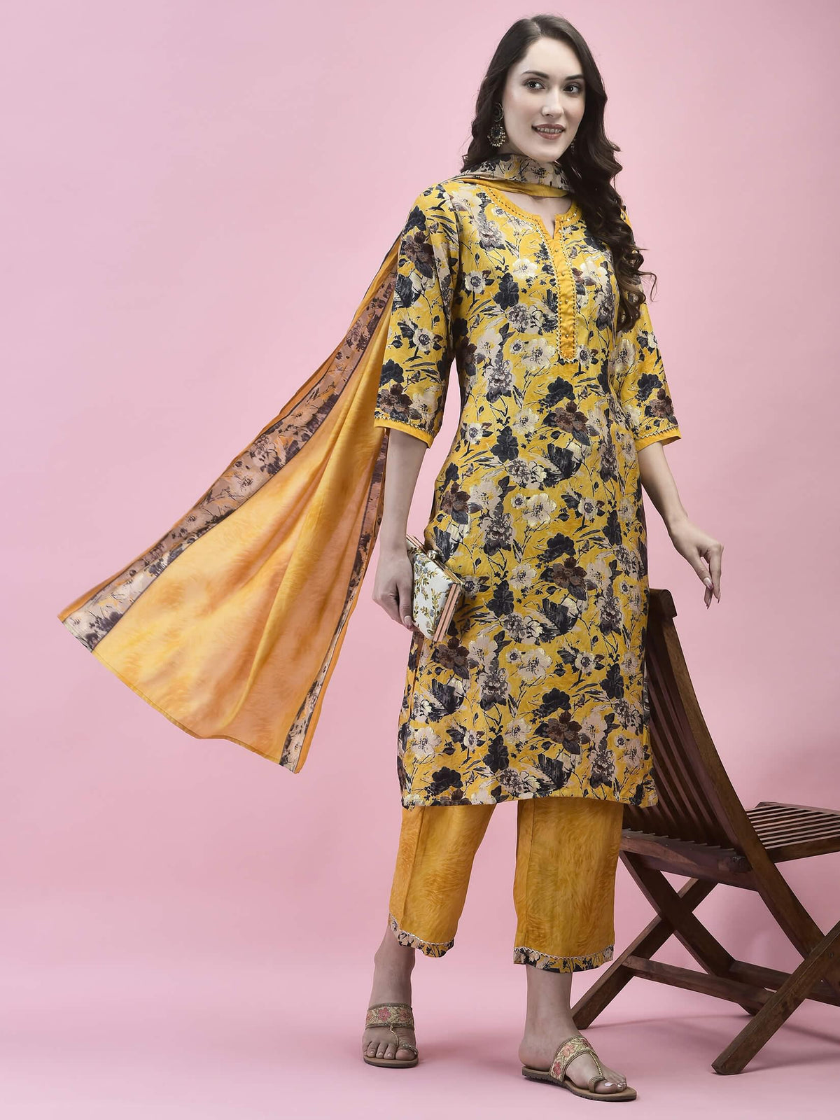 Women Viscose Mustard Floral Print Kurta Comfort Pant Dupatta.