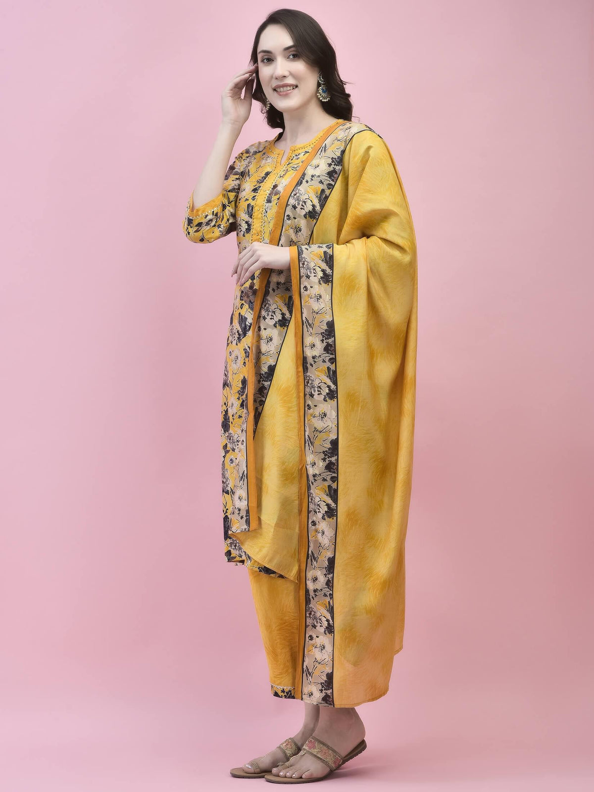 Women Viscose Mustard Floral Print Kurta Comfort Pant Dupatta.
