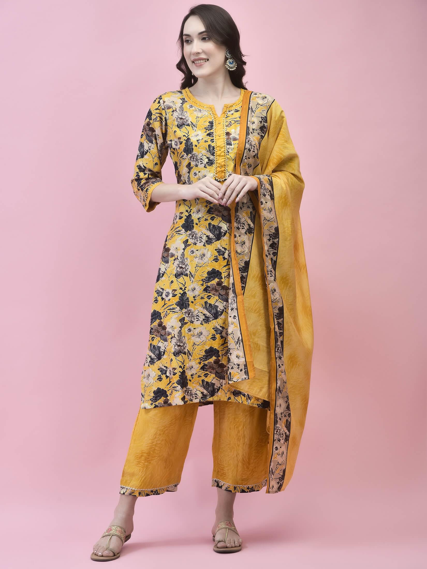 Women Viscose Mustard Floral Print Kurta Comfort Pant Dupatta.