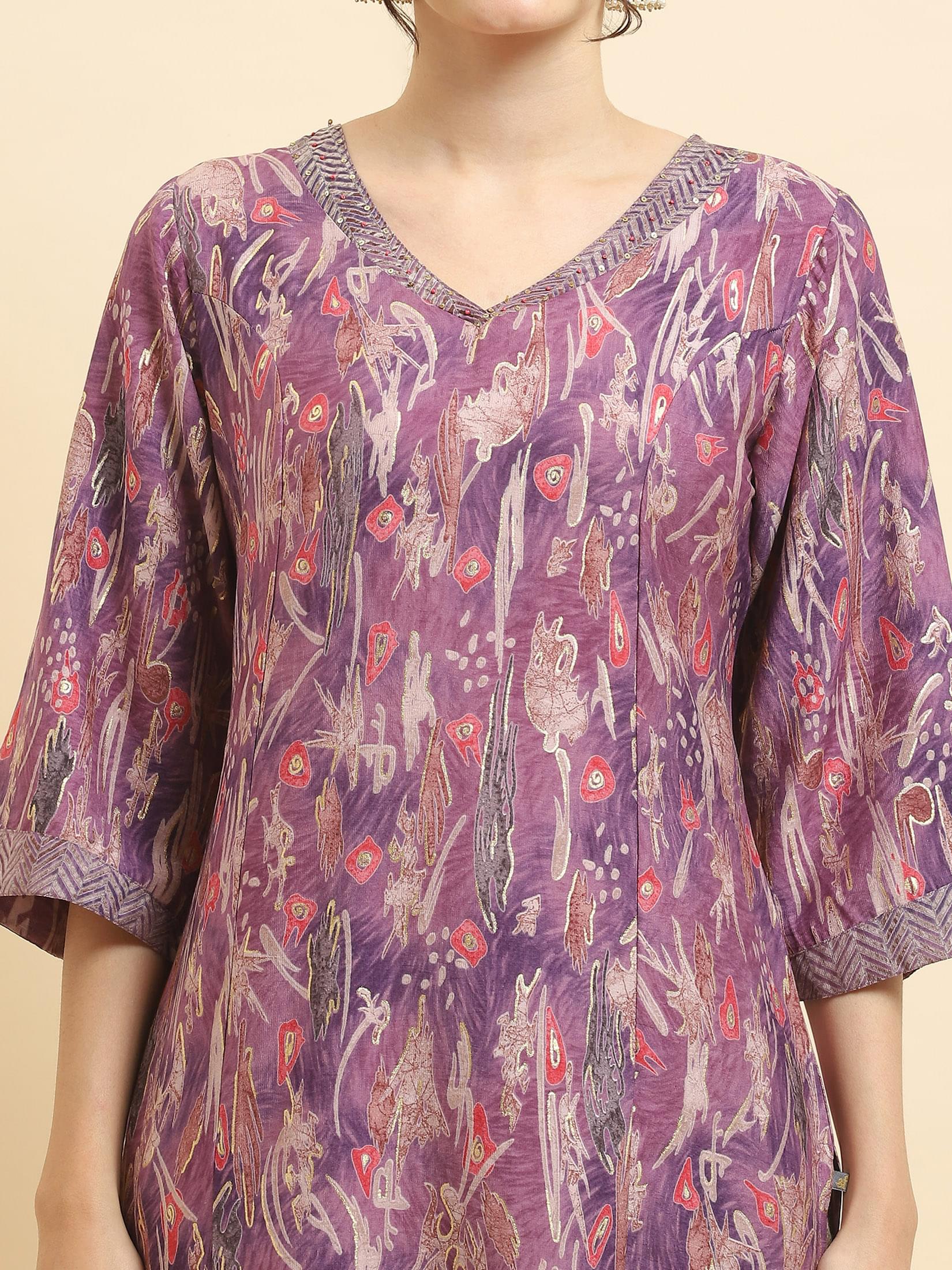 Women Viscose Purple Abstract Print Kurta.