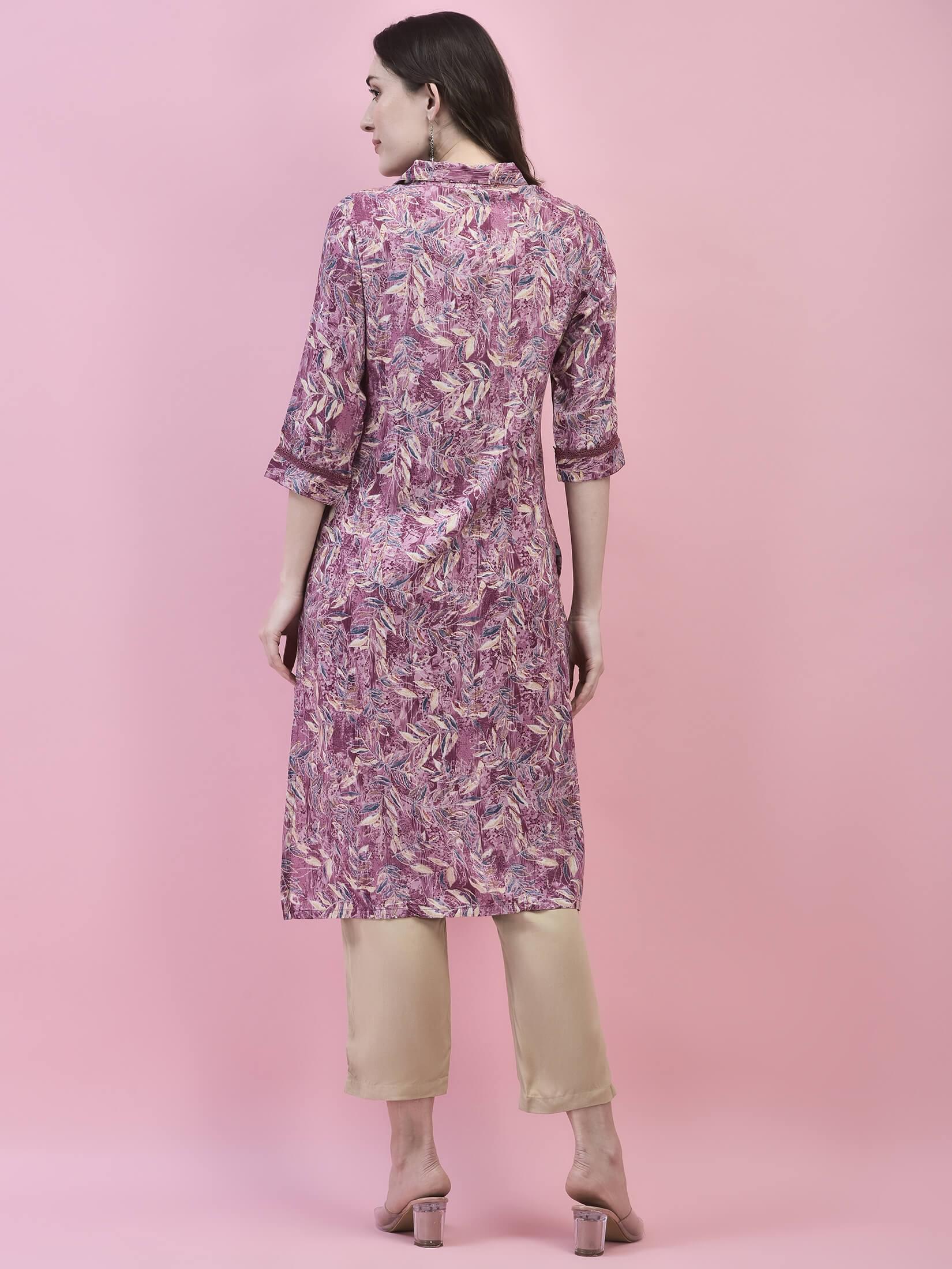 Women Liva Rayon Purple Floral Print Kurta.
