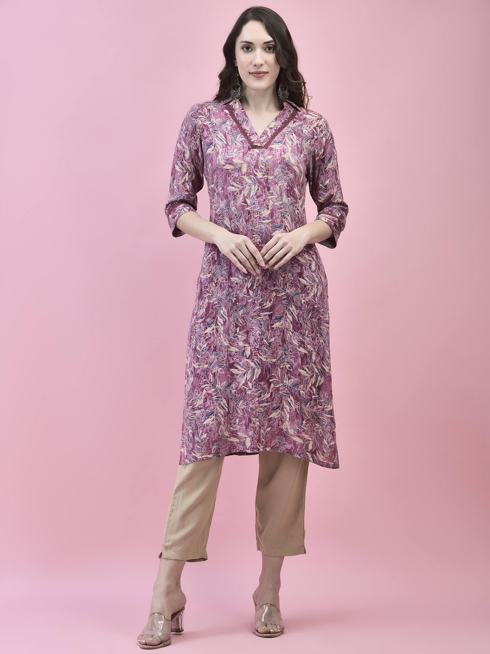 Women Liva Rayon Purple Floral Print Kurta.