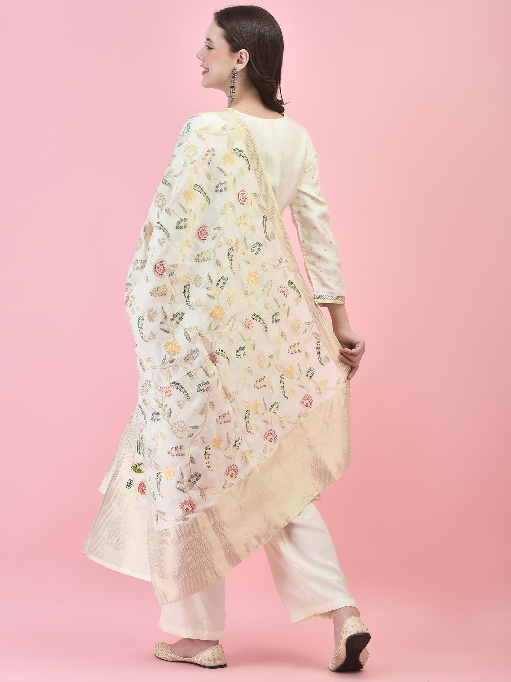 Women Jacquard Off White Woven Jacquard Kurta Comfort Pant Dupatta.