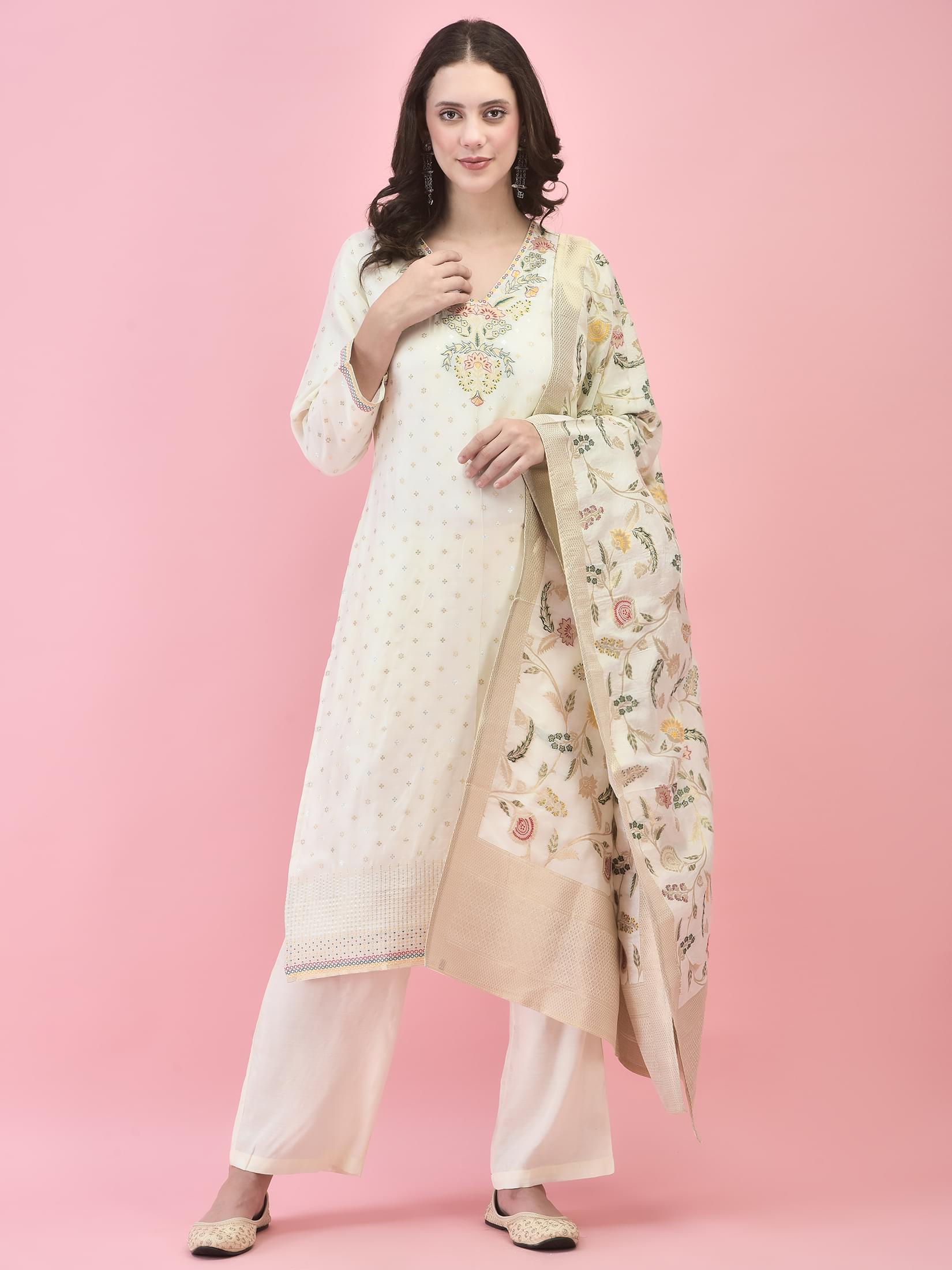 Women Jacquard Off White Woven Jacquard Kurta Comfort Pant Dupatta.