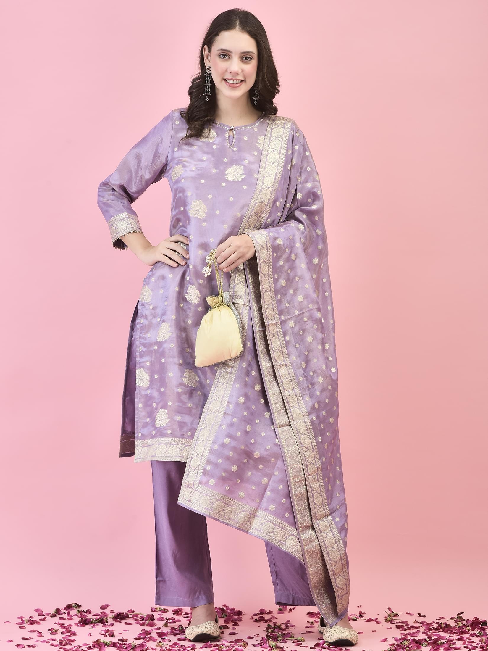 Women Silk Lilac Woven Kurta Comfort Pant Dupatta.