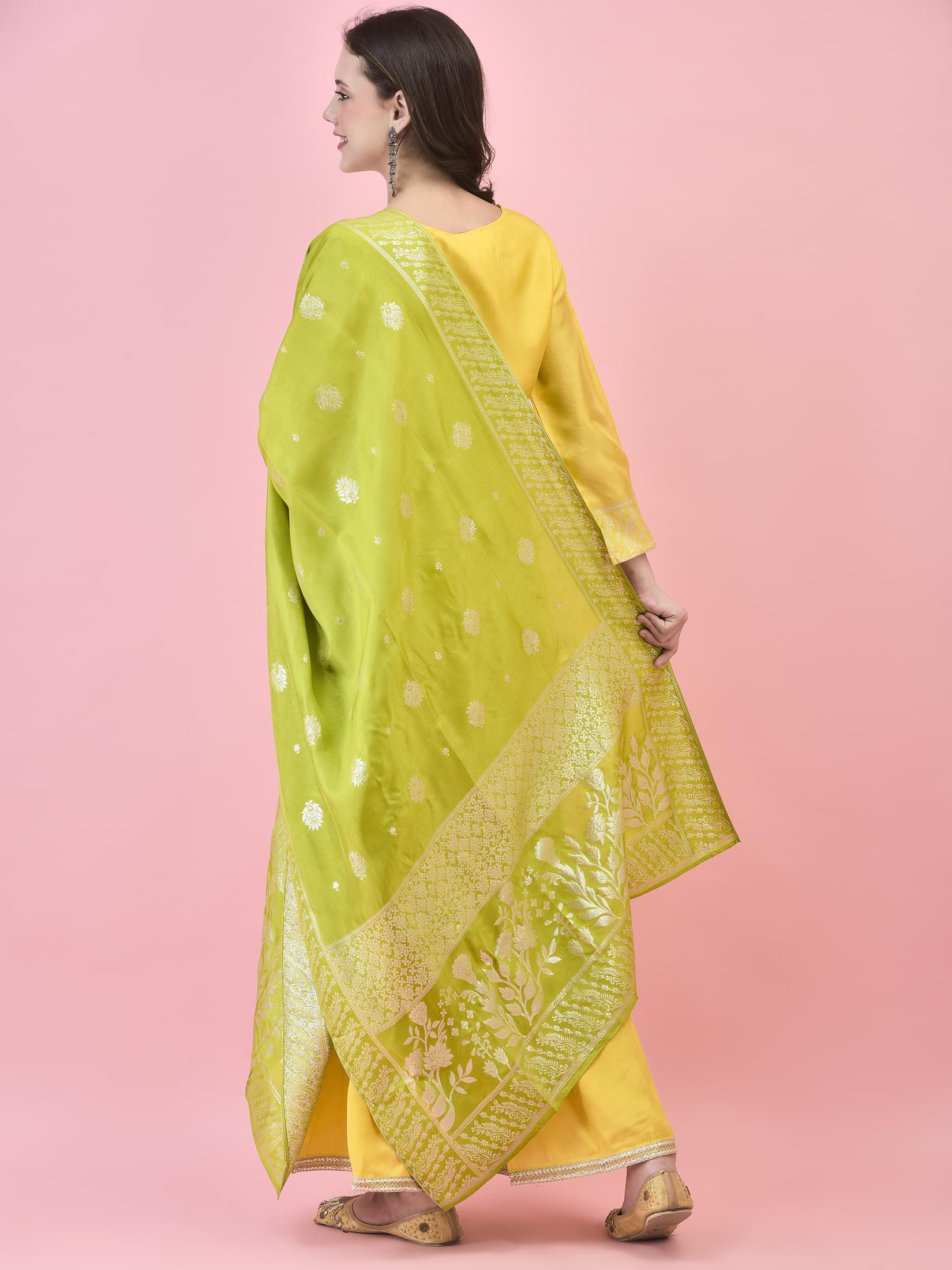 Women Dola Jacquard Lemon Yellow Kurta Sharara Dupatta.