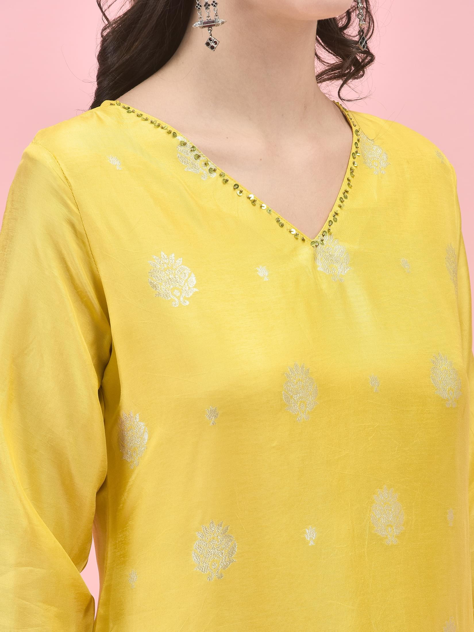 Women Dola Jacquard Lemon Yellow Kurta Sharara Dupatta.