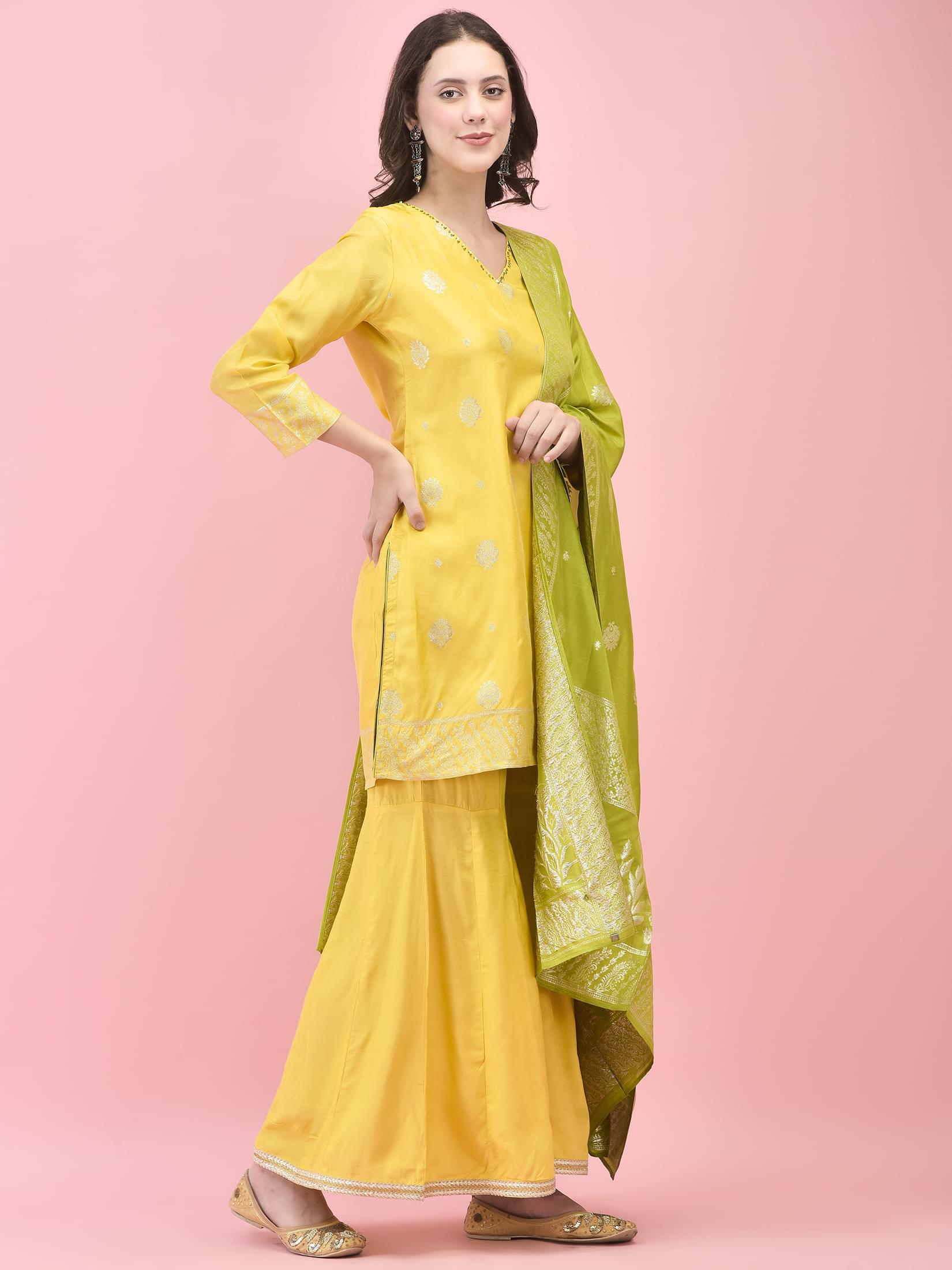Women Dola Jacquard Lemon Yellow Kurta Sharara Dupatta.