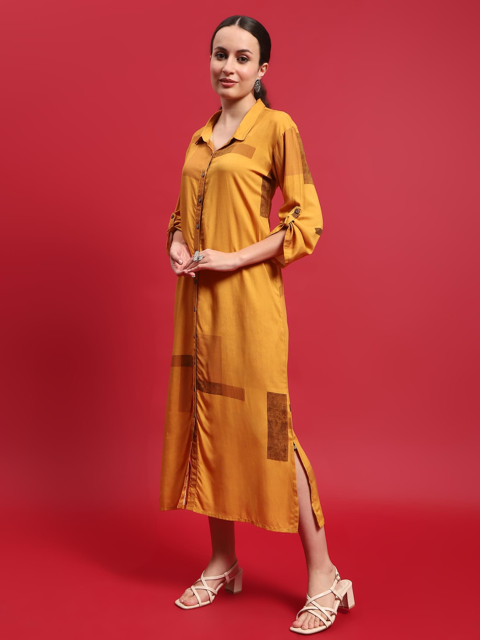 Women Liva Rayon Mustard Solid Dress.