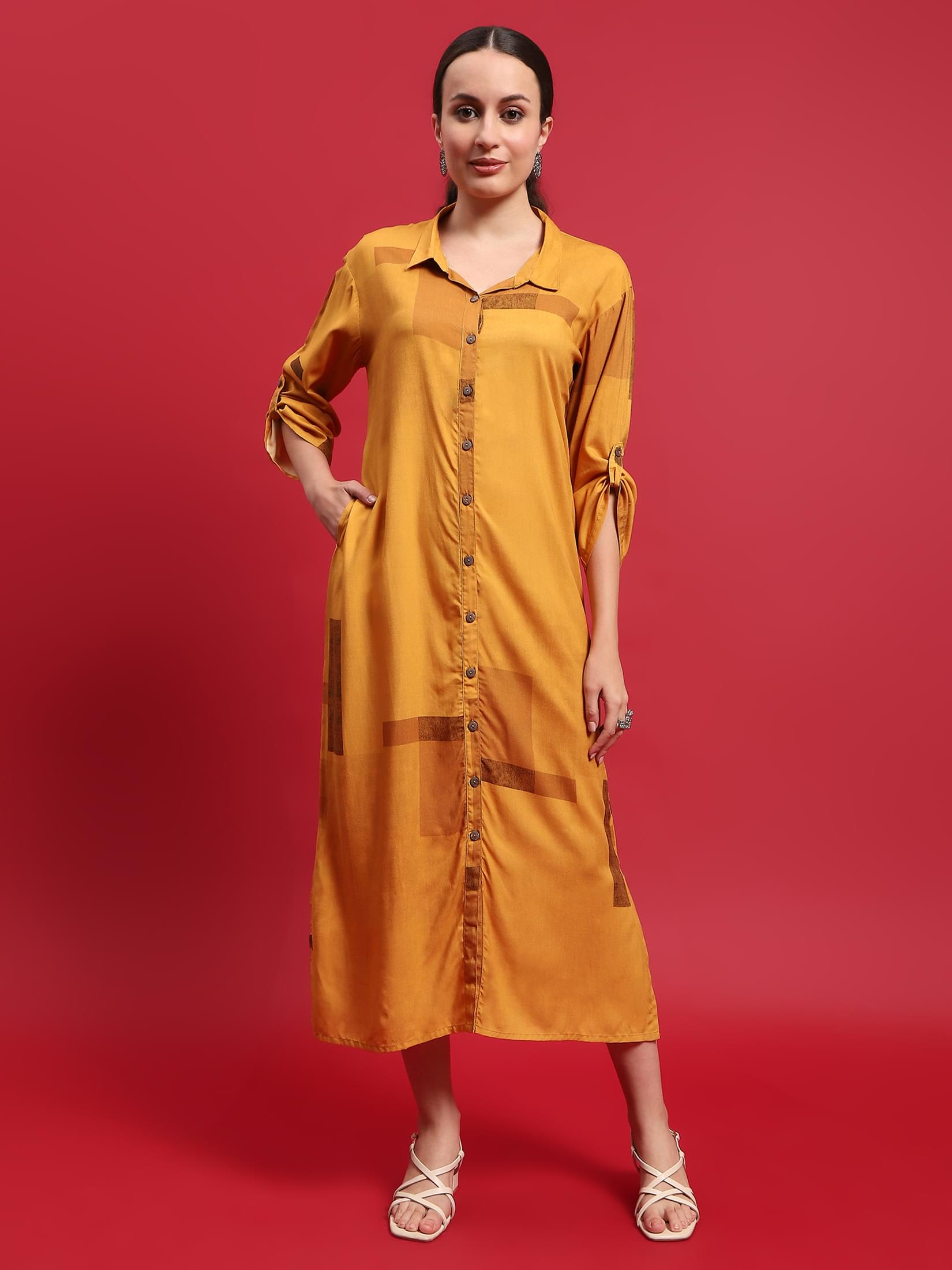 Women Liva Rayon Mustard Solid Dress.