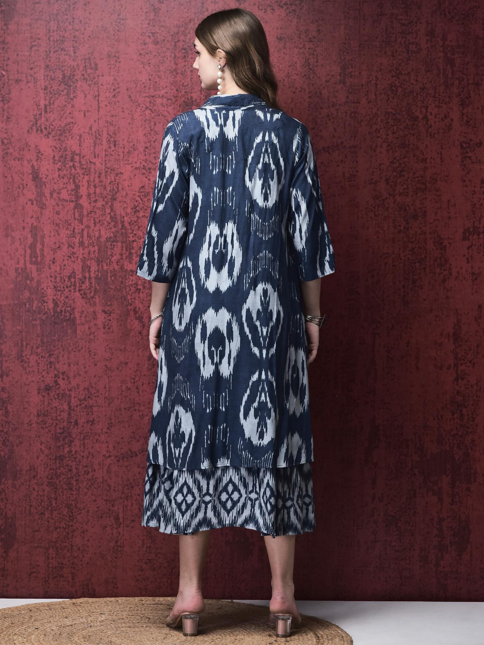 Women Liva Navy Blue Ikat Print Dress With Long Shrug.