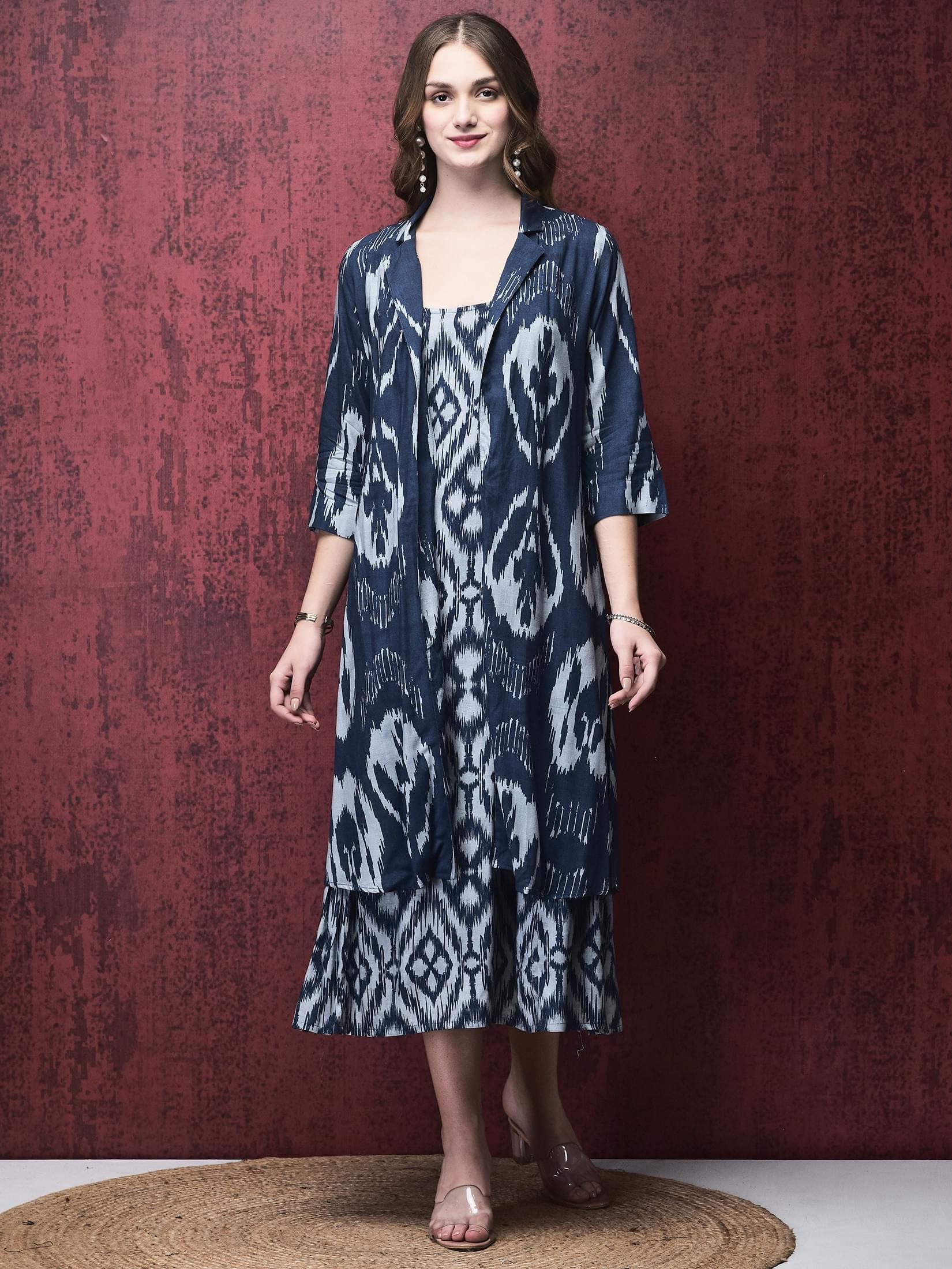 Women Liva Navy Blue Ikat Print Dress With Long Shrug.