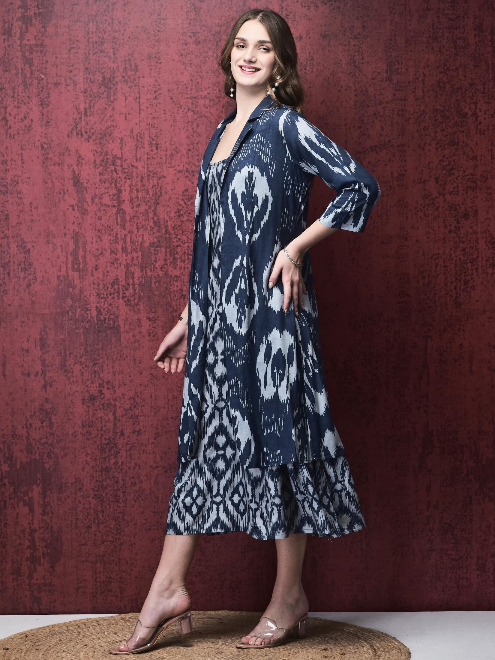 Women Liva Navy Blue Ikat Print Dress With Long Shrug.