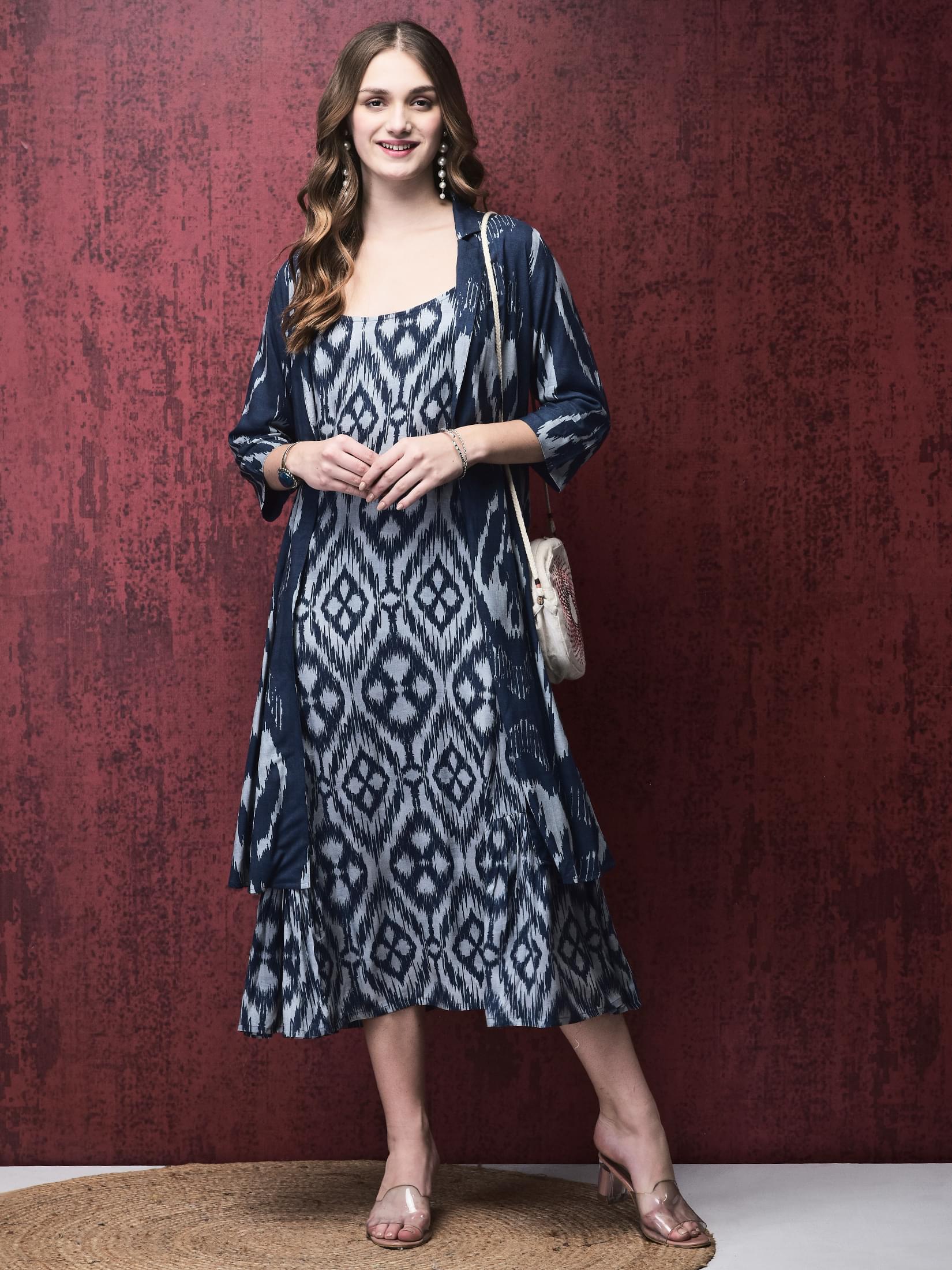 Women Liva Navy Blue Ikat Print Dress With Long Shrug.