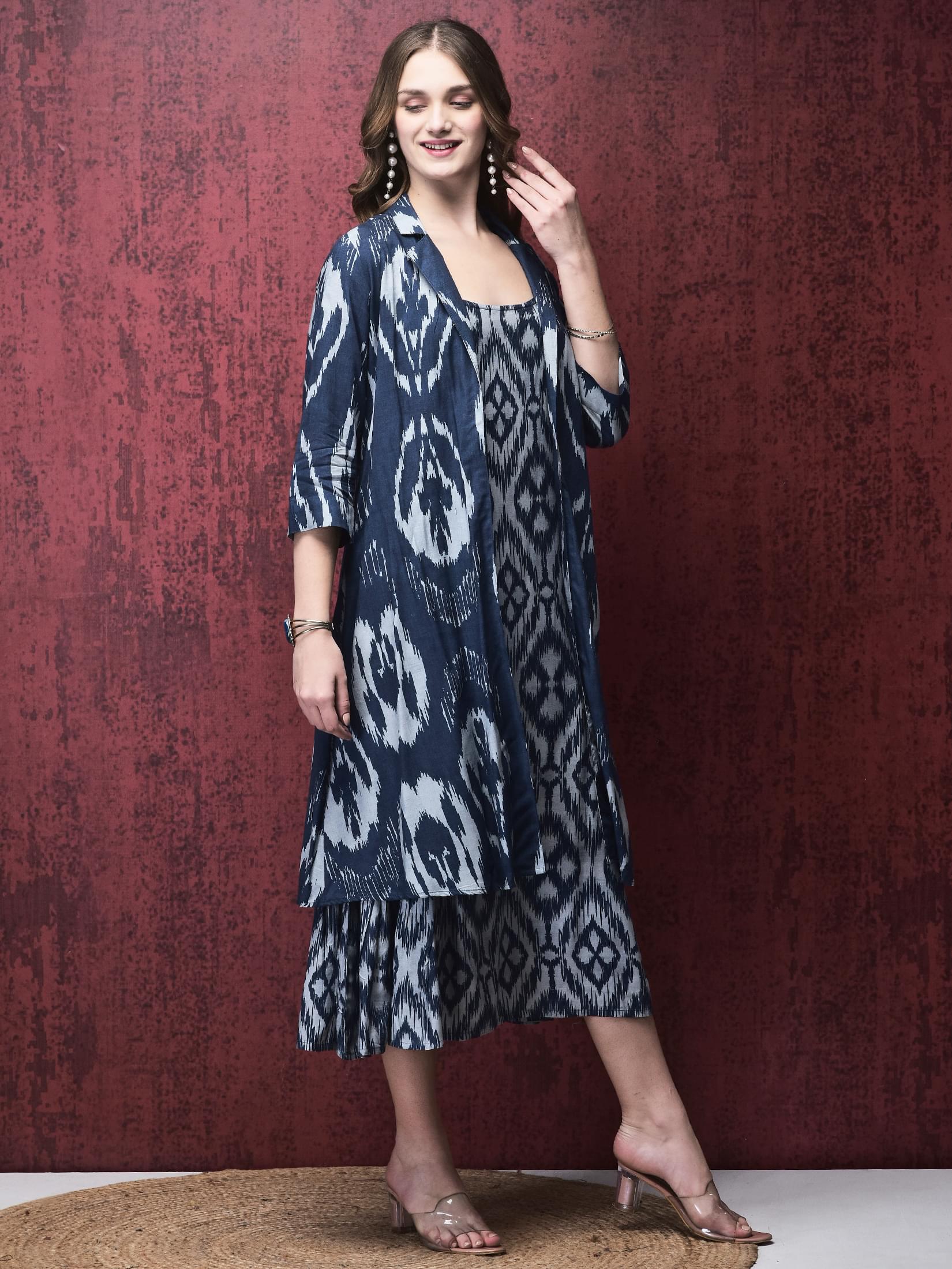 Women Liva Navy Blue Ikat Print Dress With Long Shrug.
