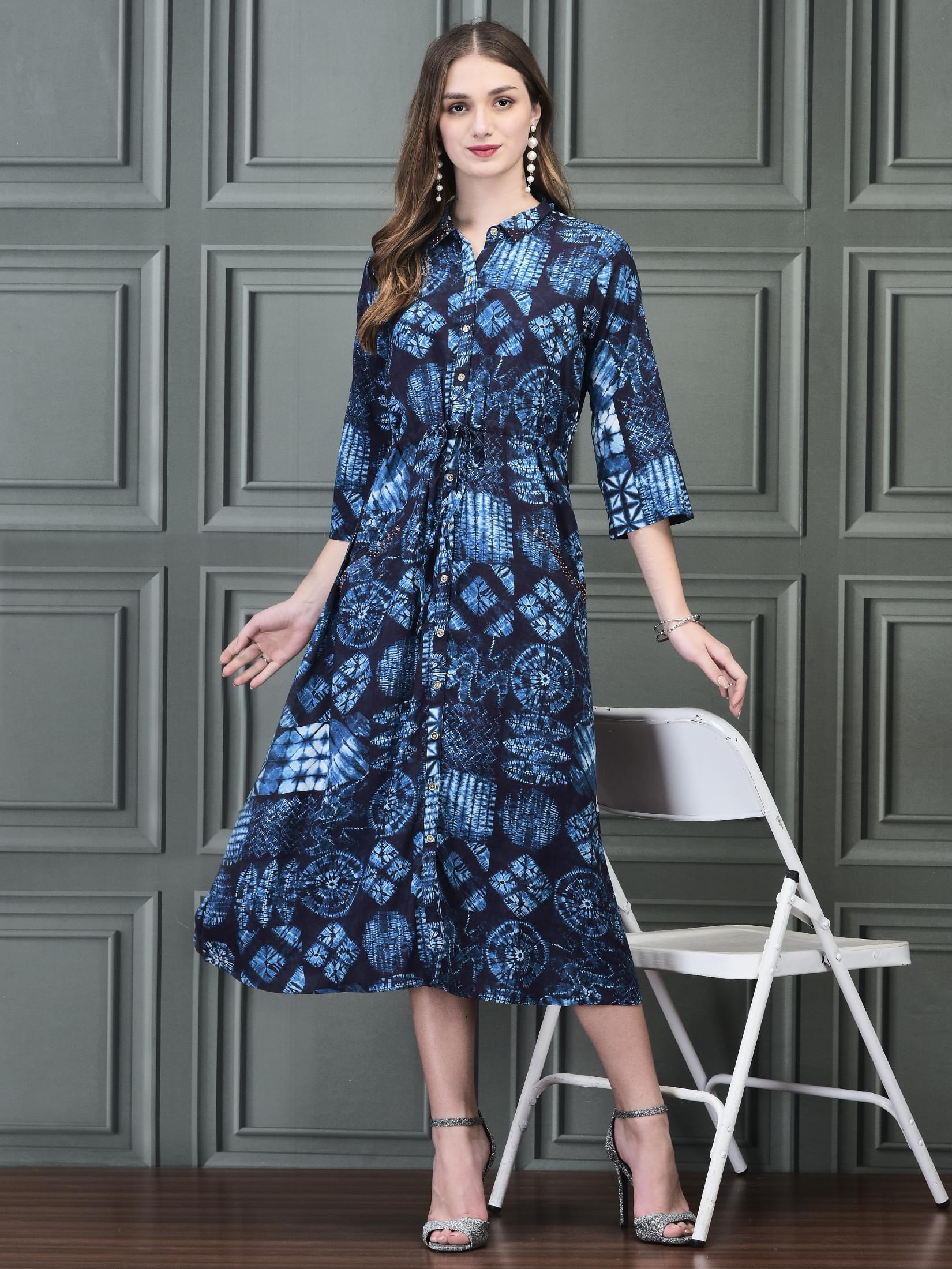 Traditional indigo blue geometric print Liva fabric lightweight casual summer dress