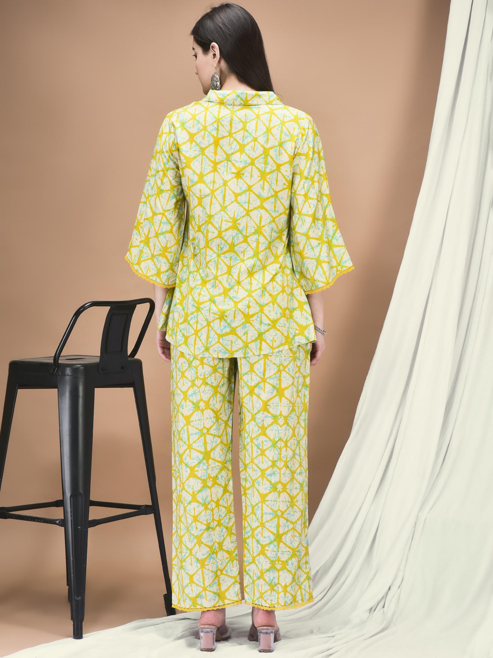 Women Liva Yellow Tie Dye Print Co-Ord Set.