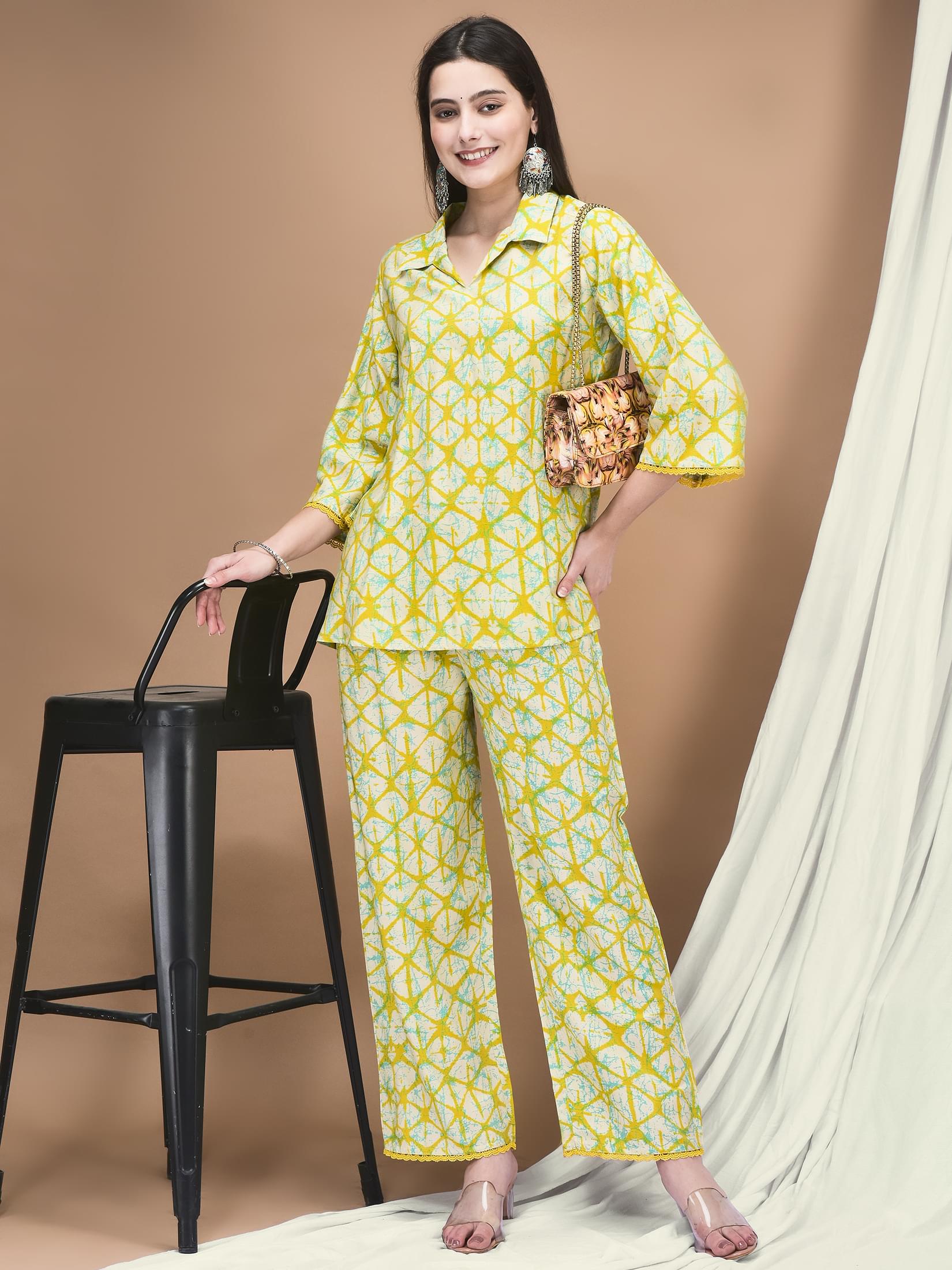 Women Liva Yellow Tie Dye Print Co-Ord Set.
