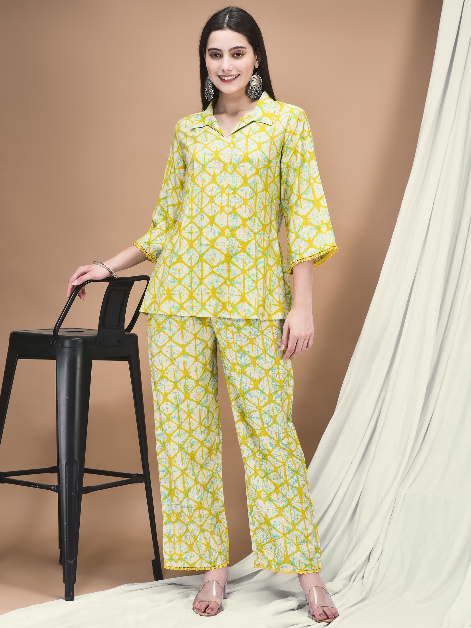 Women Liva Yellow Tie Dye Print Co-Ord Set.