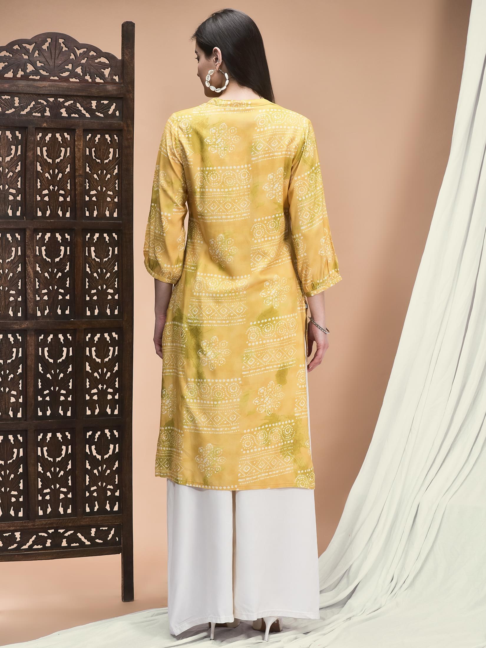 Women Liva Yellow Abstract Print Kurta.