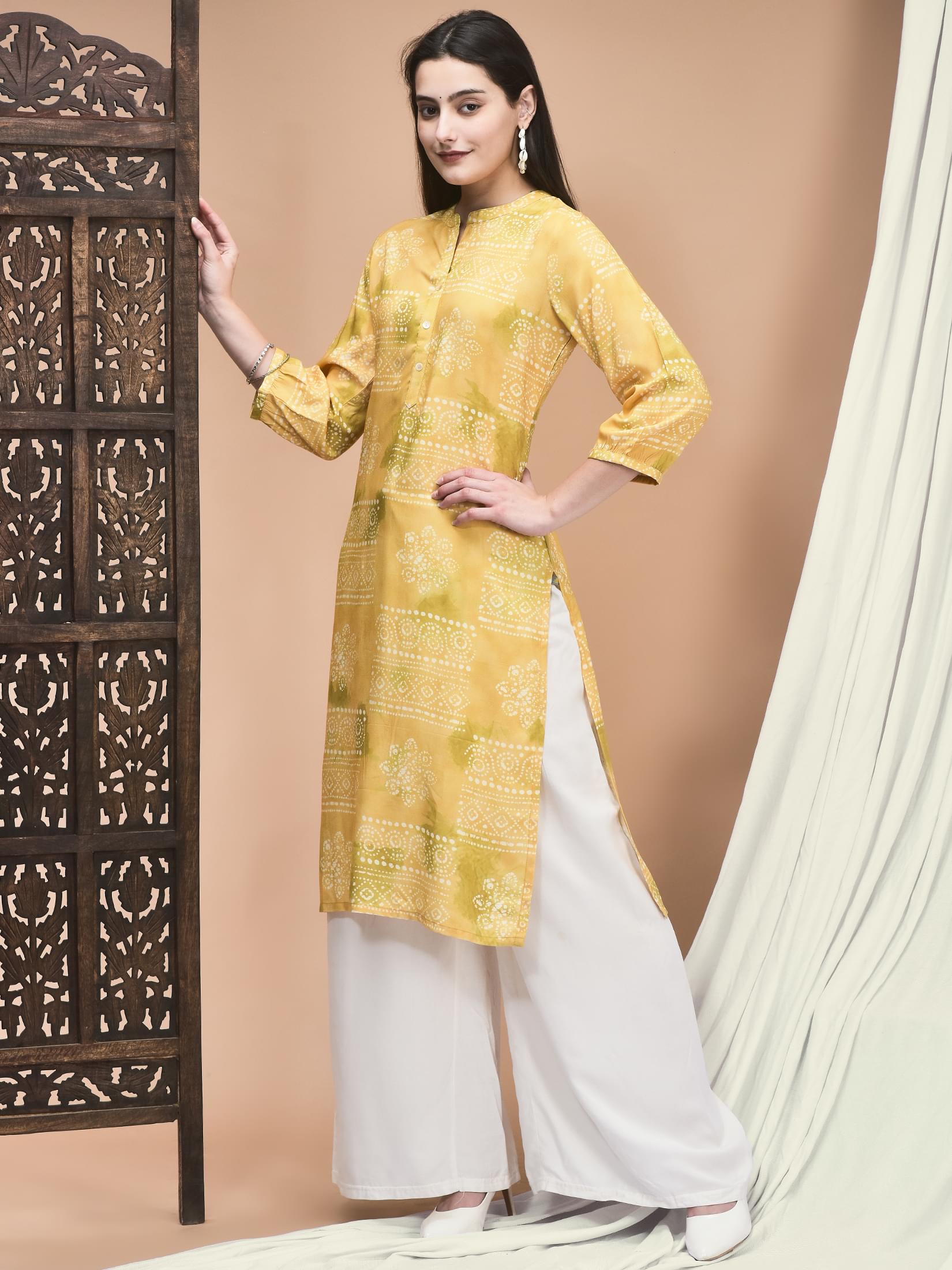 Women Liva Yellow Abstract Print Kurta.