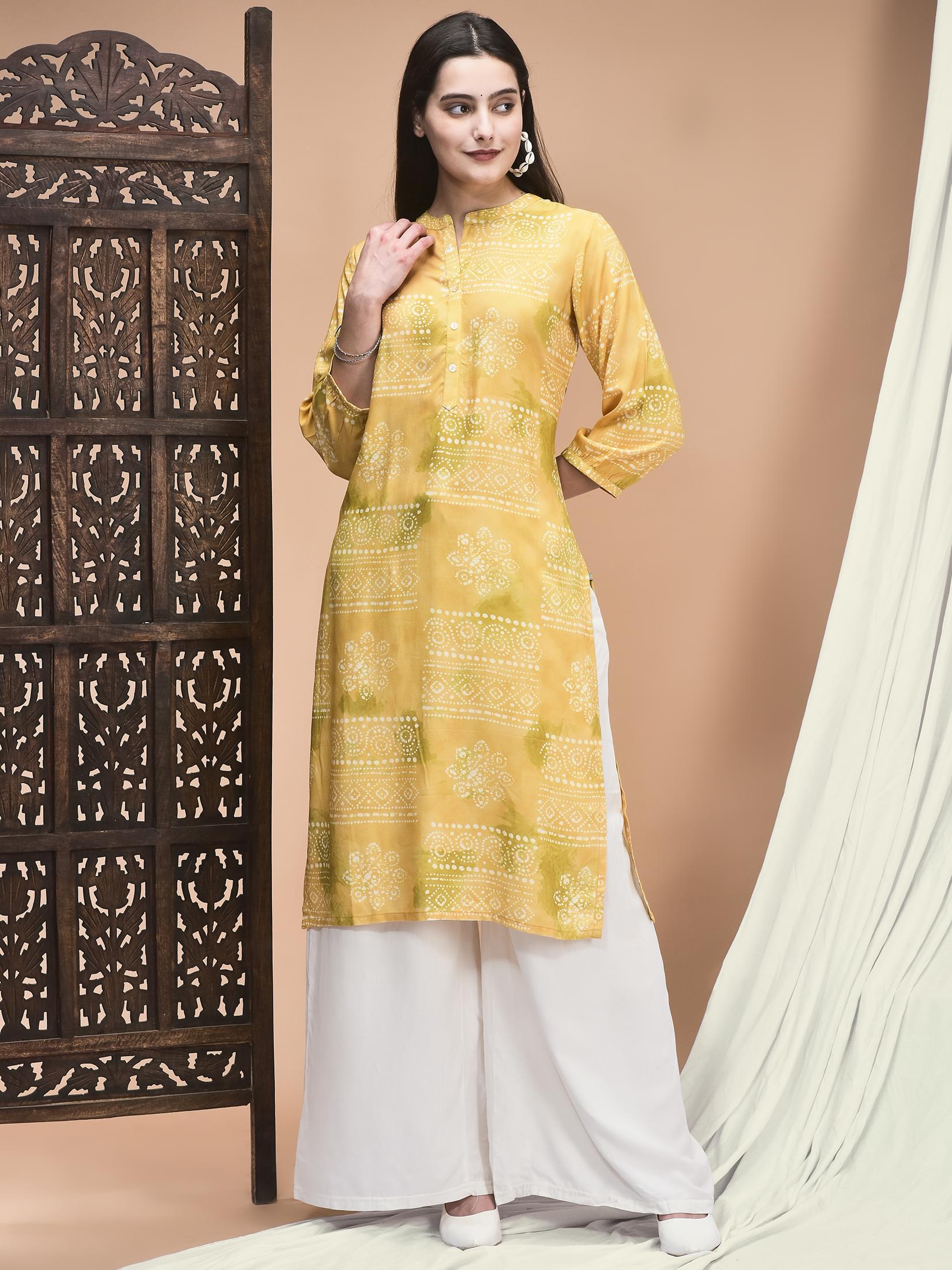 Bright yellow artistic abstract pattern print Liva standalone casual kurta